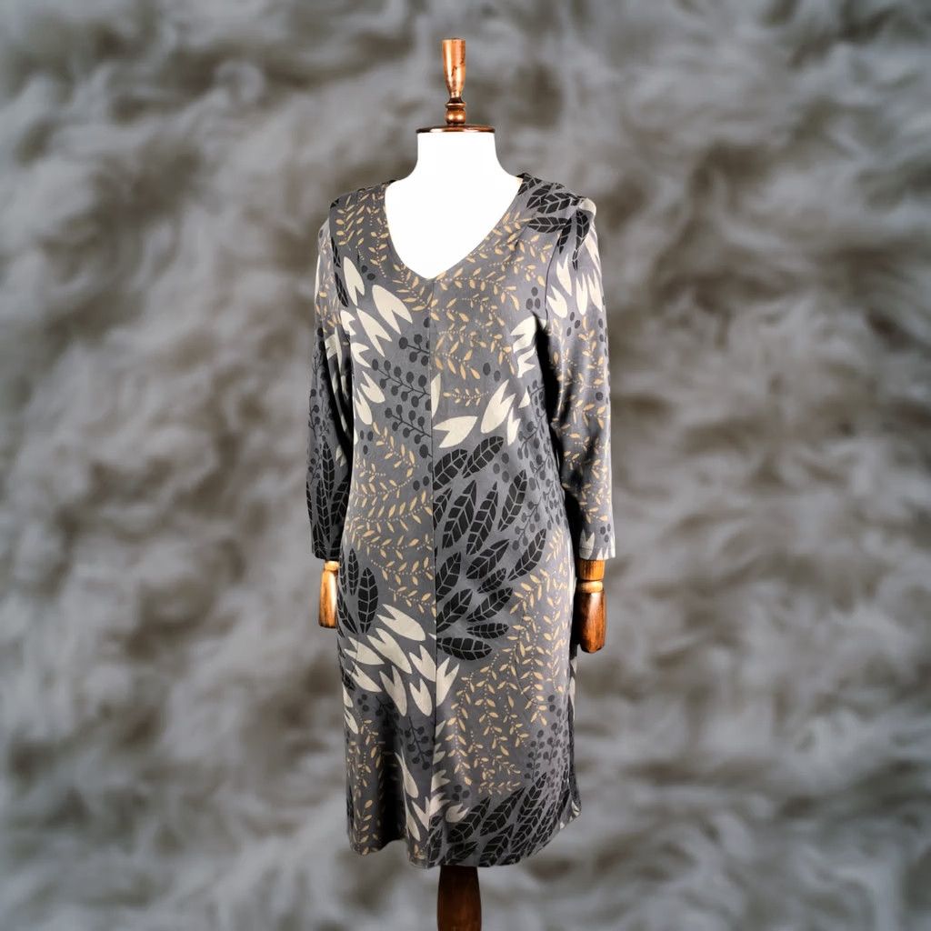 Vintage Gudrun Sjoden Dress S Dark Gray Lyocell Floral Jersey V-Neck Knee Length Women Size S / US 4 / IT 40 - 1 Thumbnail