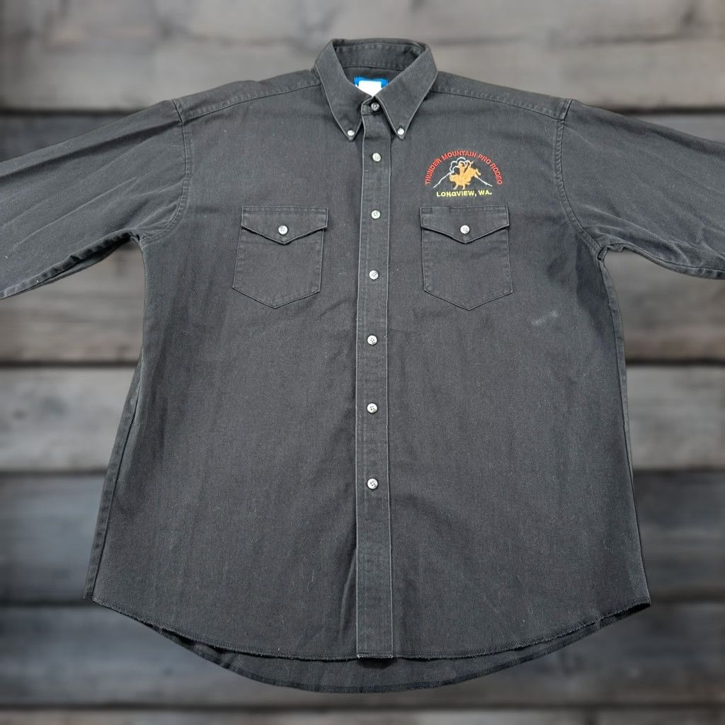 Wrangler VINTAGE Wrangler Shirt Mens 17 36 Black Long Sleeve Denim Thunder Mountain Rodeo Cowboy Western Workwear Button-Up Shirt Size US XL / EU 56 / 4 - 1 Thumbnail
