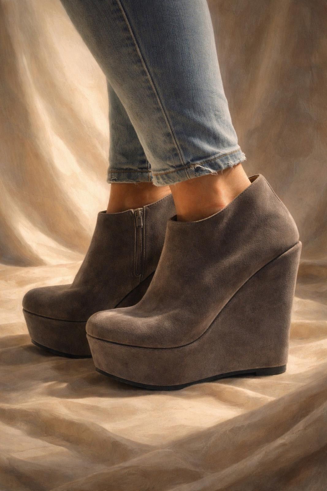 Urban Outfitters Deena & Ozzy Suede Platform Wedge Booties – Gray, Size 6 Size US 6 / IT 36 - 1 Thumbnail