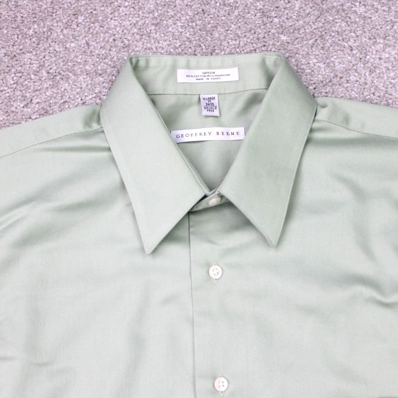Geoffrey Beene Geoffrey Beene Shirt Mens XL Green 17, 34/35 Green Sateen Wrinkle Free L/S Dress Shirt Button Collar Collared 55% Cotton 45% Polyester Vintage: No Size US XL / EU 56 / 4 - 6 Thumbnail