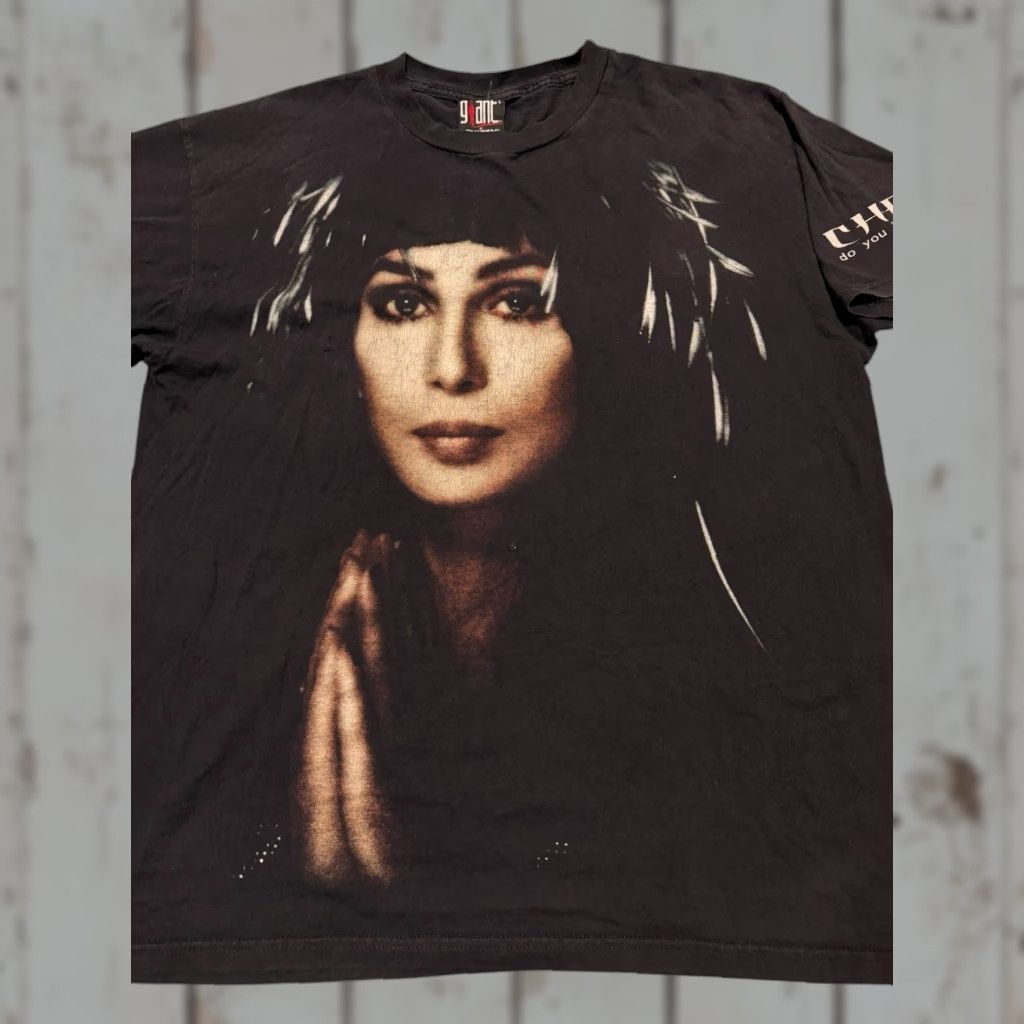 VINTAGE Cher T Shirt Giant L Adult 90s Do You Believe Tour Logo Graphic Print Black Cotton Short Sleeve Crew Neck Men Mens Retro Band Concert