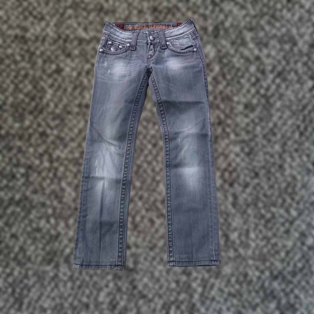 Vintage Rock Revival Celine Straight Jeans Womens 25 Gray Denim Stretch Regular 5-Pocket Leather Logo Men? Size 42" / US 20 - 1 Thumbnail