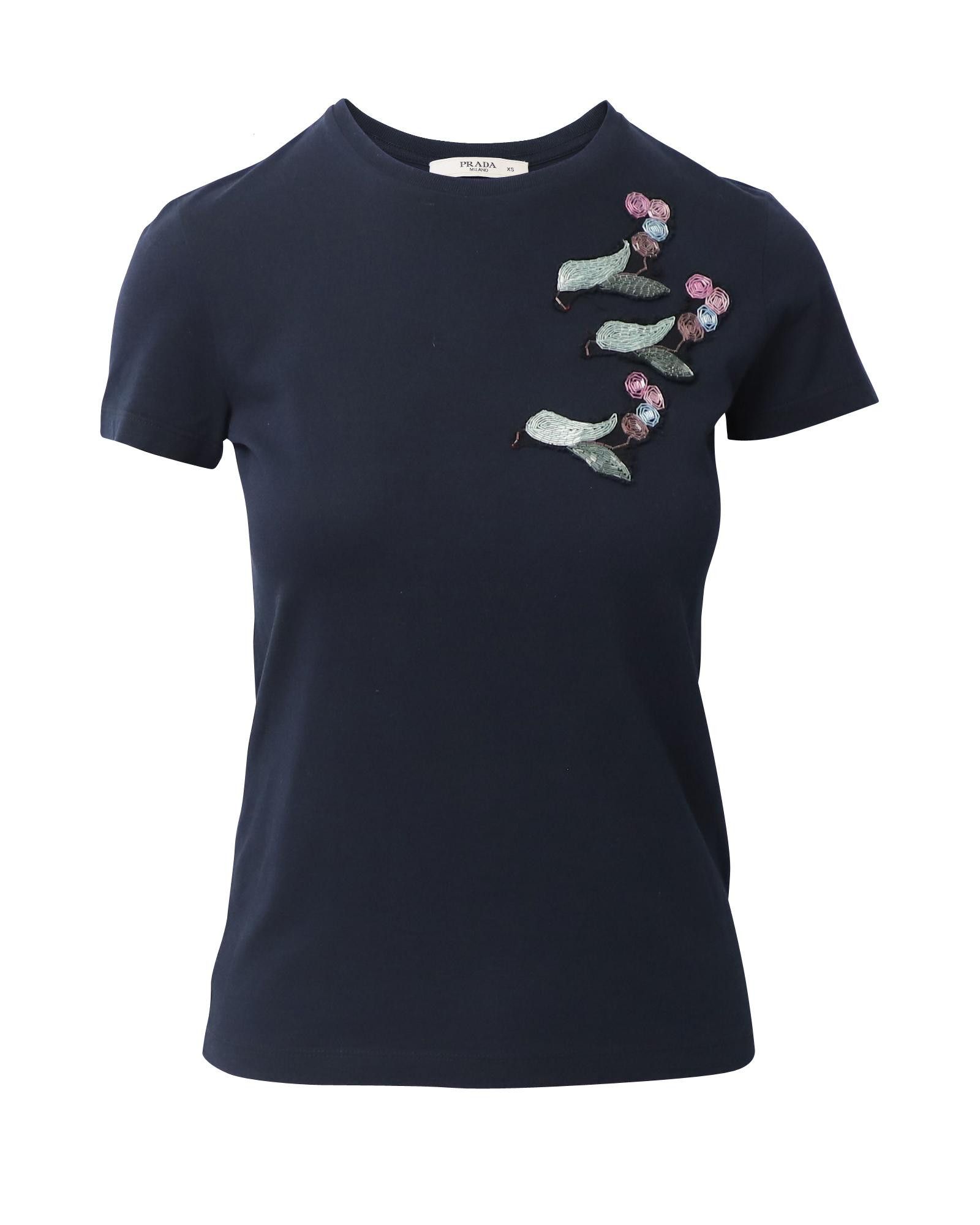 Image of Prada Embroidered Navy Blue Cotton T-Shirt, Women's (Size XS)