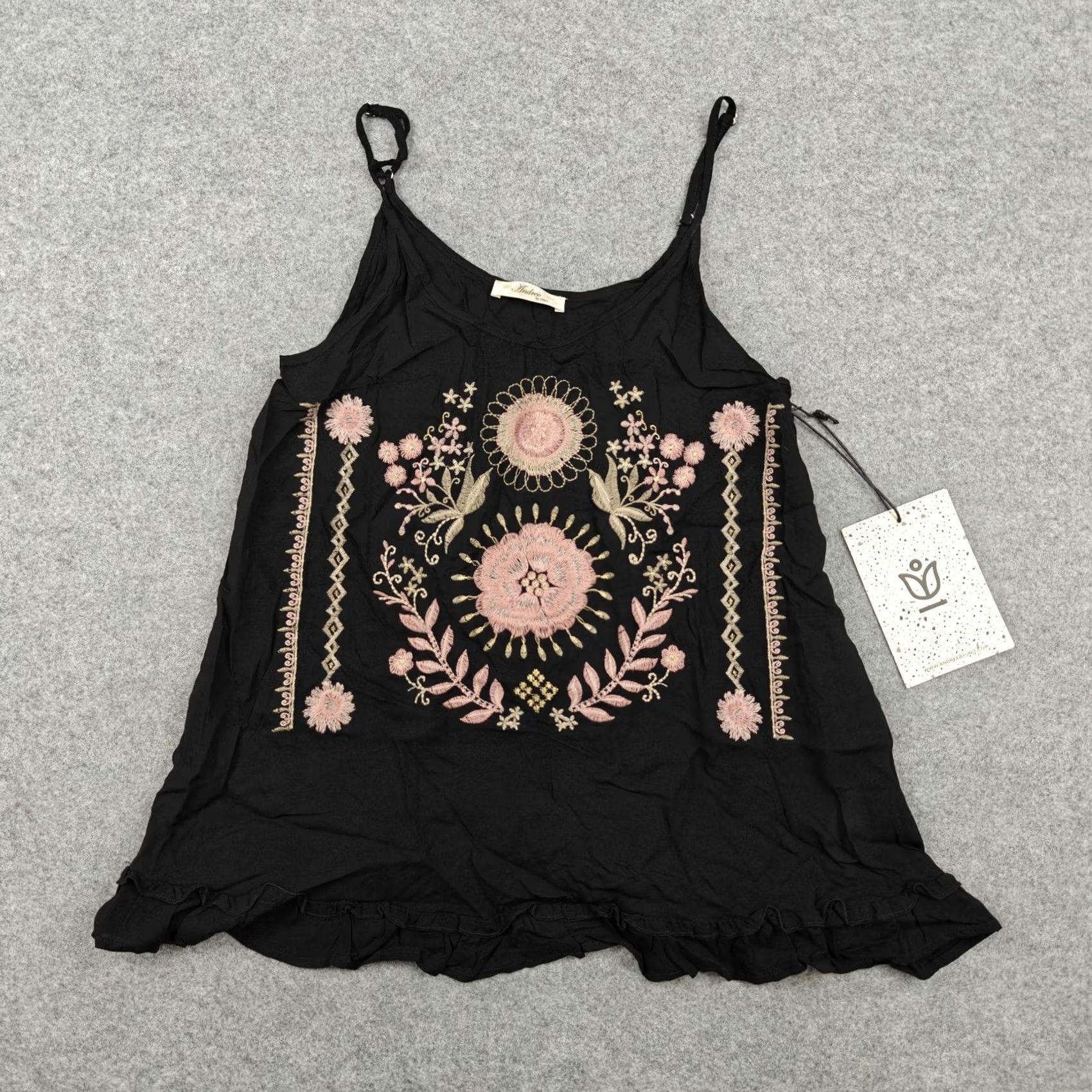 Vintage Andree By Unit Tank Top Womens S Black Embroidered Boho Tunic Ruffle Hem Sleeveless Camisole Slipp Size S / US 4 / IT 40 - 2 Thumbnail