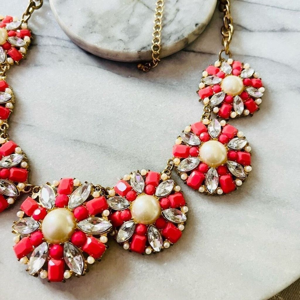 Jewelry Glam Statement Necklace Coral Red Faux Pearl Round Link Size ONE SIZE - 4 Thumbnail