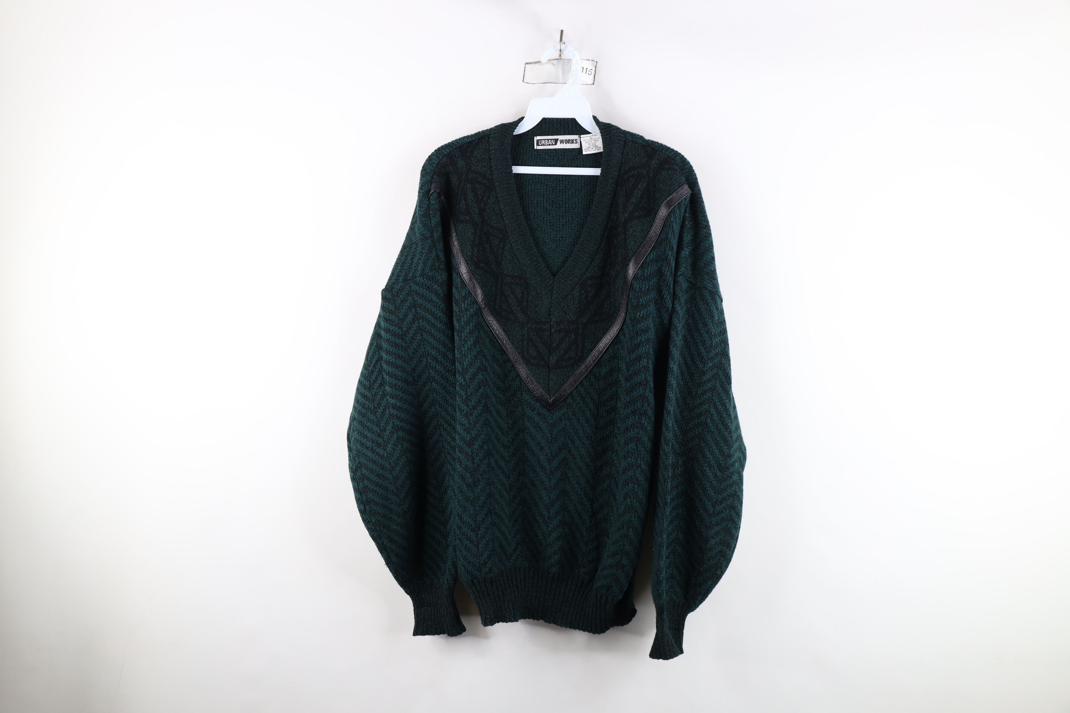 Vintage Vintage 90s Dapper Herringbone Knit V-Neck Sweater Green Size US L / EU 52-54 / 3 - 1 Thumbnail