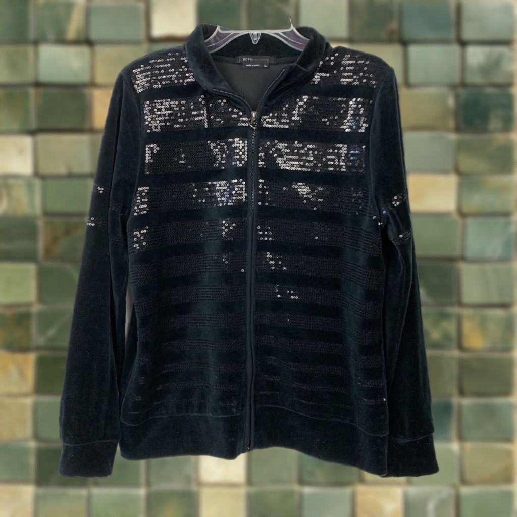 Bcbgmaxazria BCBGMAXAZRIA Black Sequin Bling Velour Zip Jacket Womens XL Size XL / US 12-14 / IT 48-50 - 1 Thumbnail