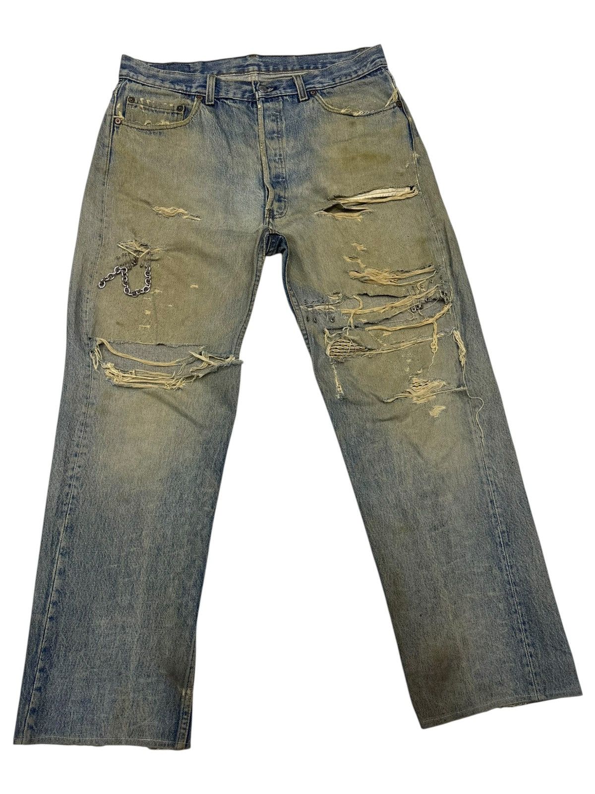 Kapital THRASHED LEVIS 501⛓️‍💥 CHAIN PUNK MUD WASH DISTRESS DENIM JEANS Size US 34 / EU 50 - 3 Thumbnail