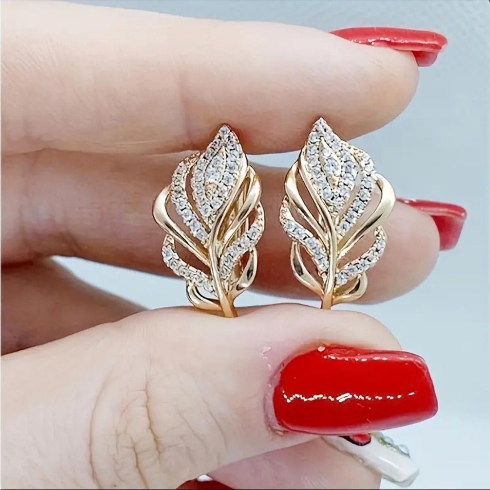 Designer Simulated Diamond 2 Ct Round Cut Leaf Hoop Earrings Gold Size ONE SIZE - 4 Thumbnail