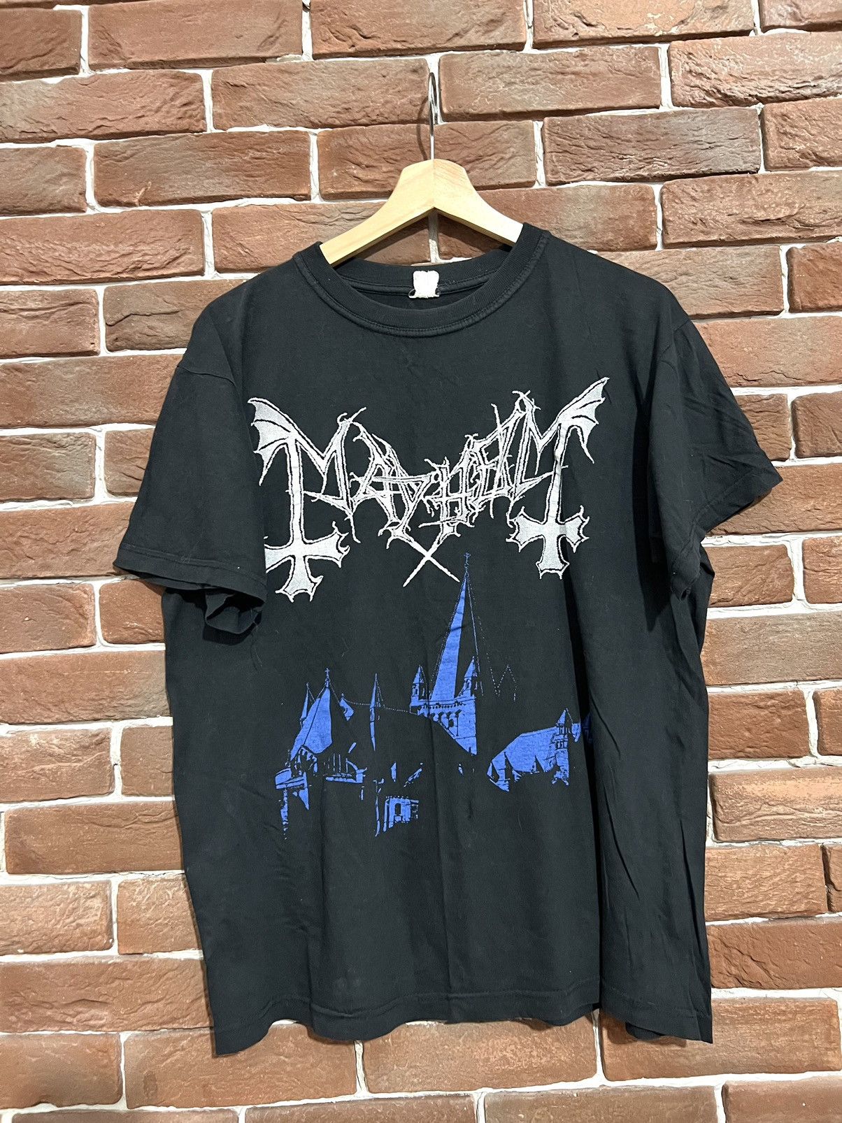 image of Rare Vintage 90's Mayhem De Mysteriis Black Metal Tshirt, Men's (Size Large)