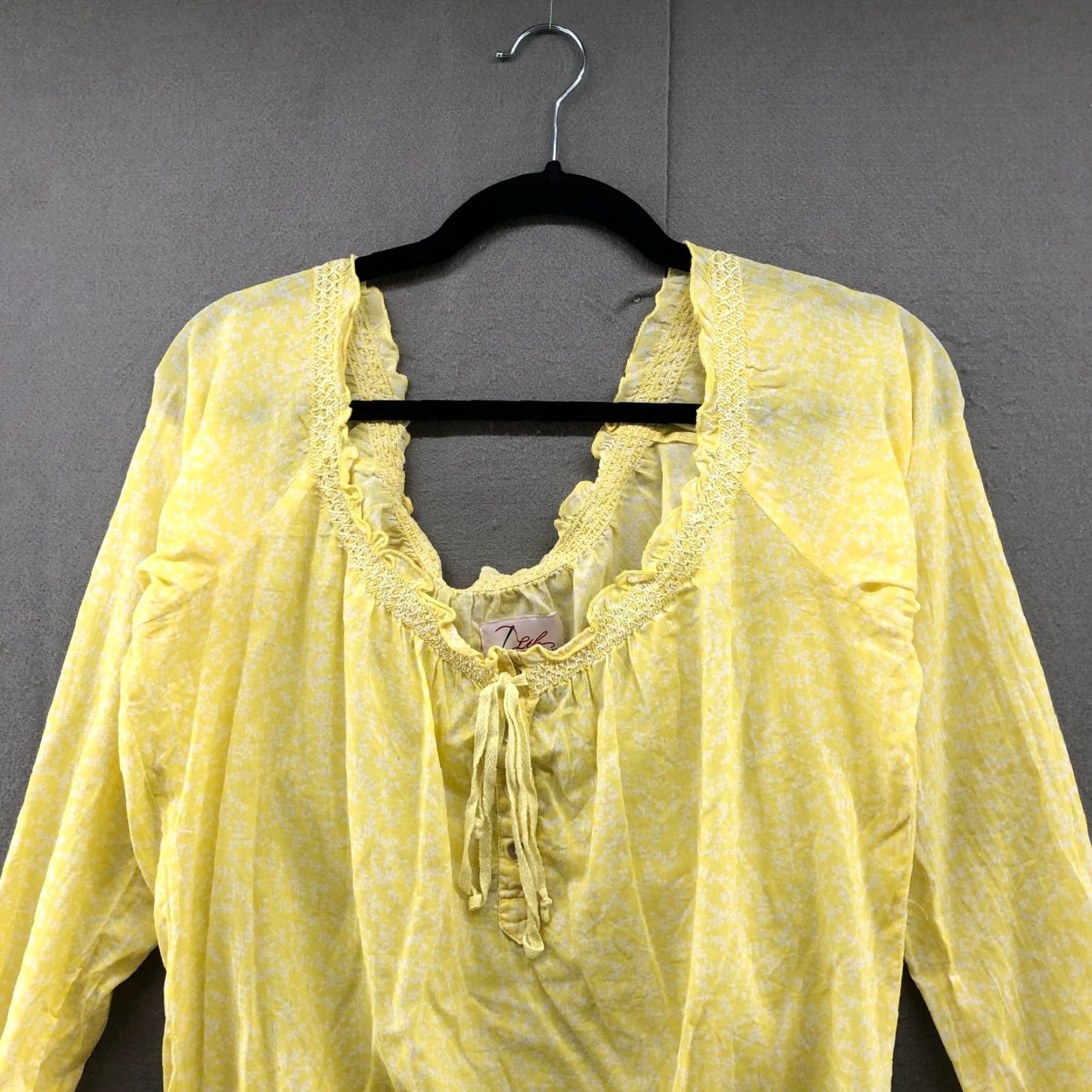 Vintage LTB Blouse Shirt Womens M Yellow Off Shoulder 3/4 Sleeve Lightweight Bohemian Floral Smocked Ruffle Top Size M / US 6-8 / IT 42-44 - 4 Thumbnail