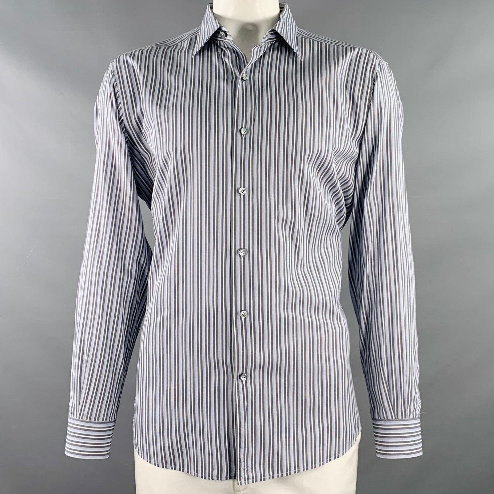 Size XXL Blue Grey Stripe Cotton Long Sleeve Shirt