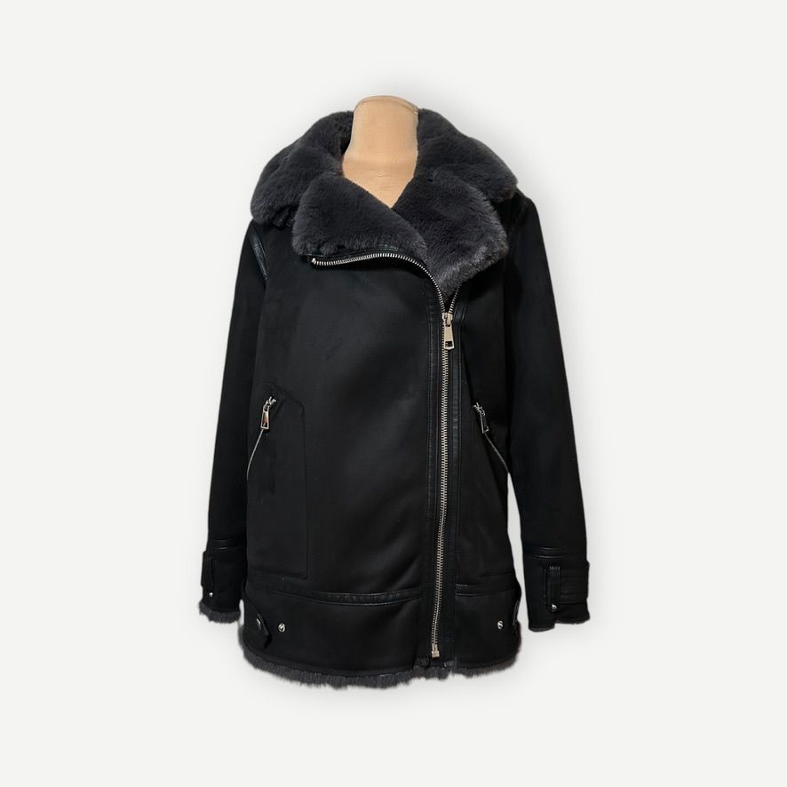 Zara Zara Faux Fur Shearling Biker Coat S Black Cozy Winter Trend Grailed
