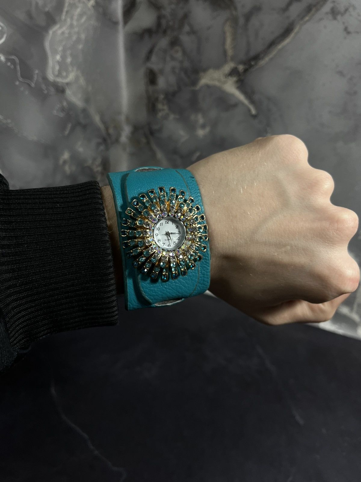 Jewelry Turquoise Crystal Sunburst Cuff Watch Bracelet Size ONE SIZE - 2 Thumbnail