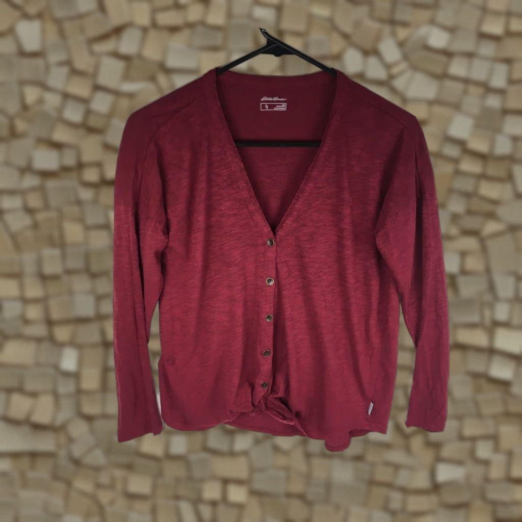 Eddie Bauer Eddie Bauer Shirt Women's XS Maroon Long Sleeve Tie Knot Button Down Pullover Top Regular Fit Knit Cotton Blend Maroon XS Womens Like New Size XS / US 0-2 / IT 36-38 - 1 Thumbnail