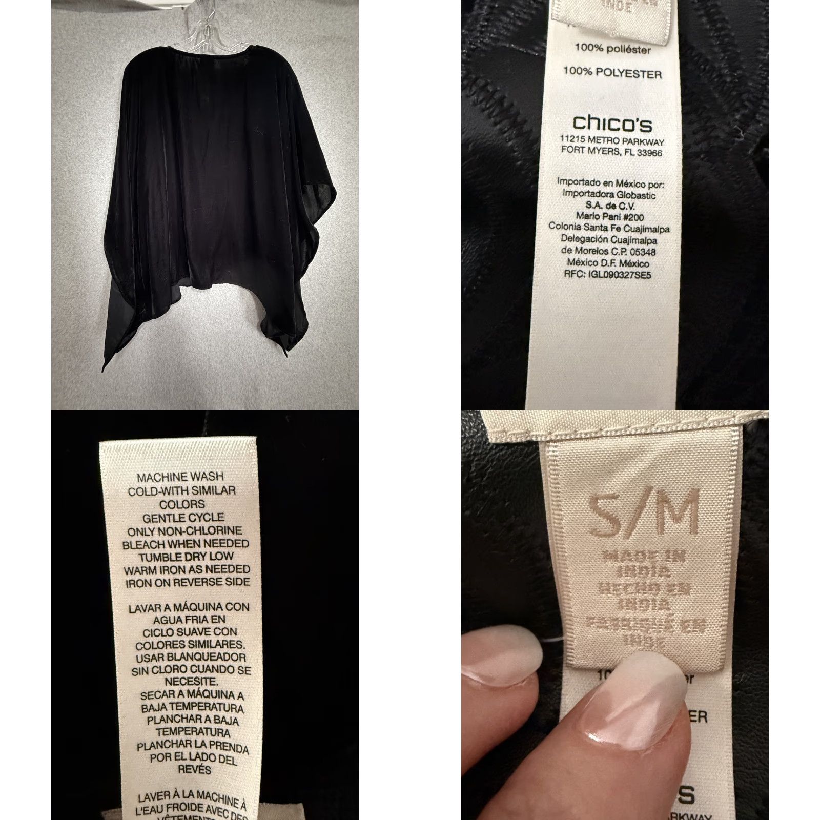Vintage Chicos Blouse Womens S/M Black Velvet Embroidered Boho Poncho Tunic Top Size S / US 4 / IT 40 - 8 Thumbnail