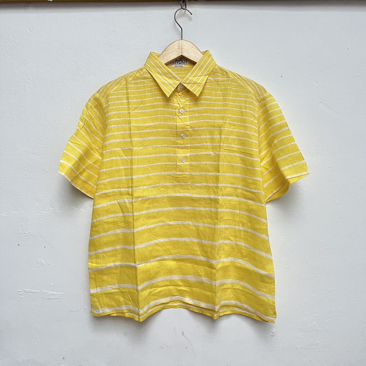Hermes Vintage Hermes Paris Half Button Ups Linen Shirt Yellow Size US L / EU 52-54 / 3 - 1 Thumbnail