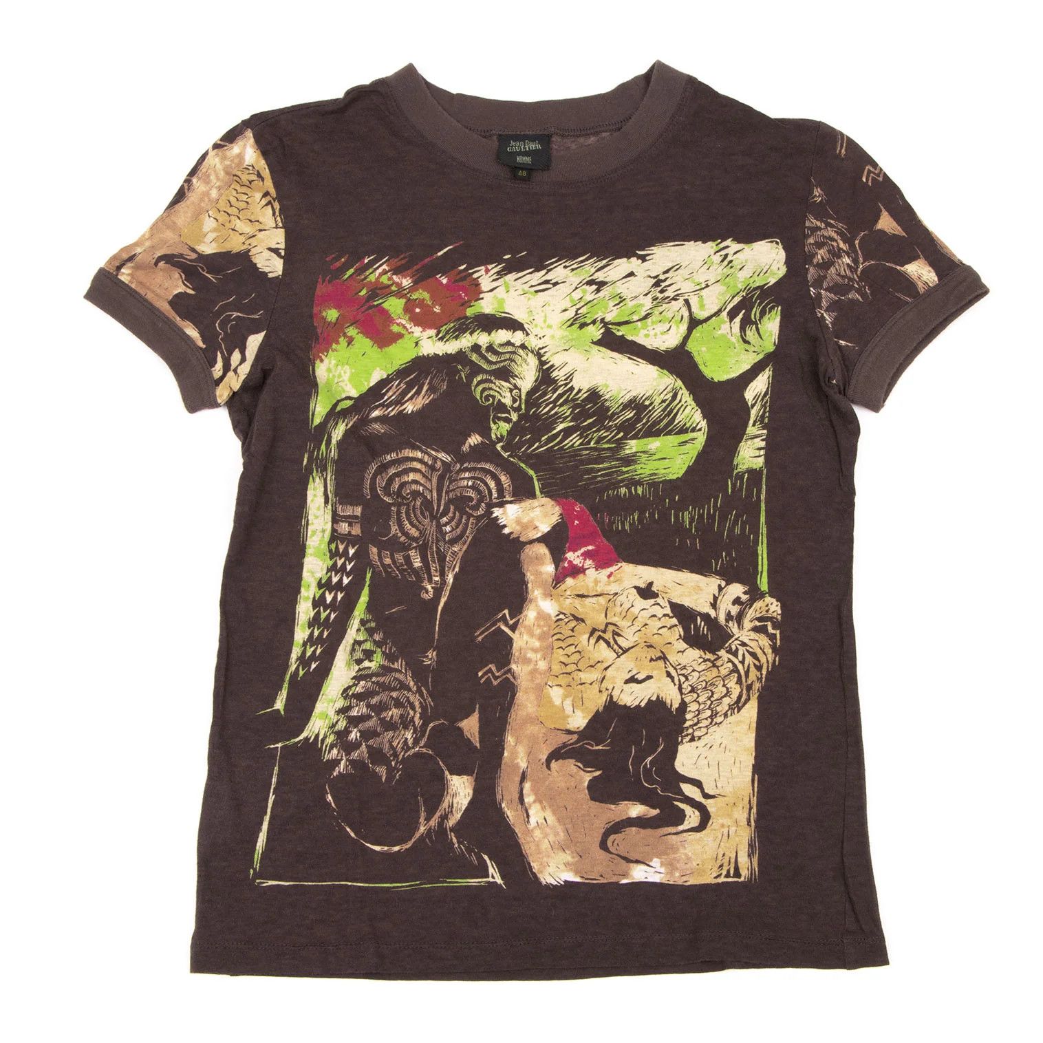 Jean Paul Gaultier Native Print Contrast T-Shirt in Brown Green Pink Size US M / EU 48-50 / 2 - 1 Thumbnail