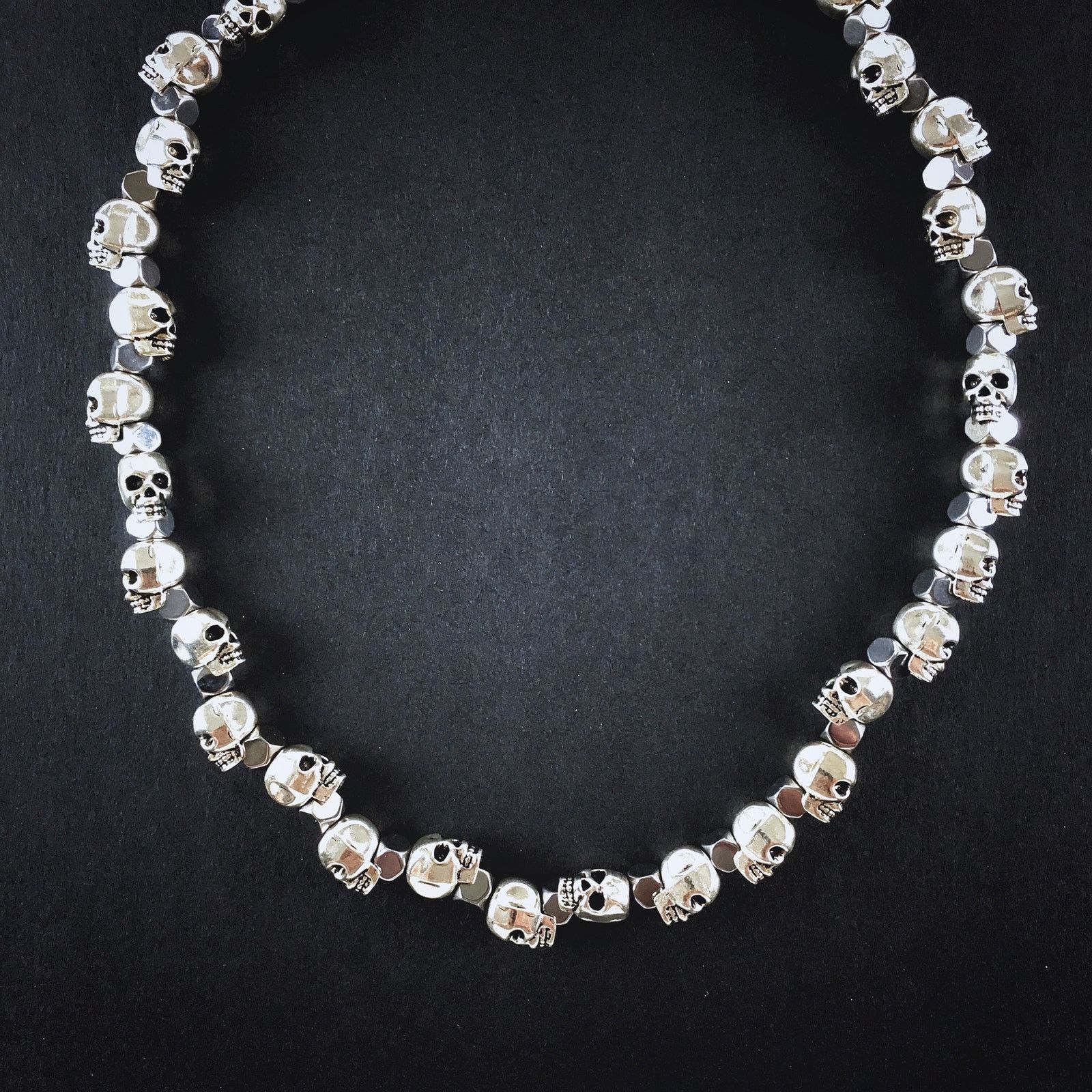 Handmade 💀20” Silver Skull and Hematite Beaded Necklace Chain Size ONE SIZE - 1 Thumbnail