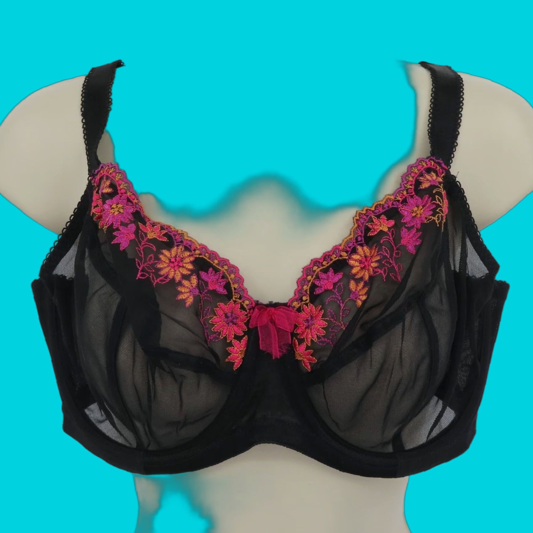 Vintage Goddess Bra 34G Black Flower Embroidered Bow Underwire T-Shirt Bra Womens 34G Size ONE SIZE - 1 Thumbnail