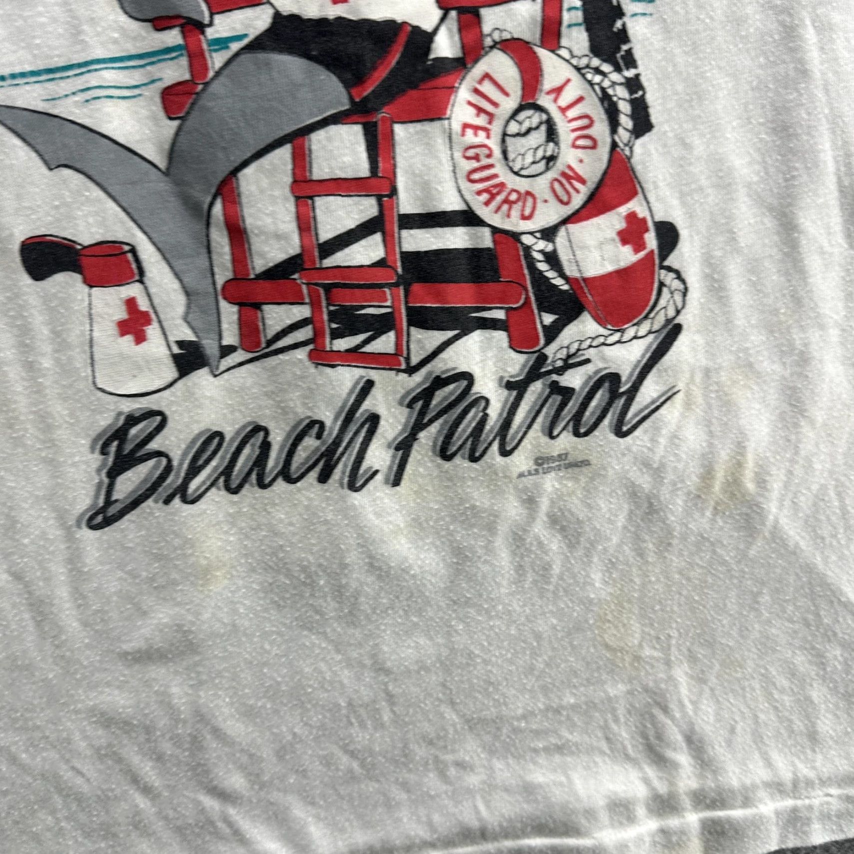 Vintage VINTAGE Beach Patrol Shirt Mens Medium White Shark Lifeguard Tank Top 90s Funny AllSport Crew Neck Sleeveless Graphic Print Beach Summer 1991 Mens Size US M / EU 48-50 / 2 - 6 Thumbnail