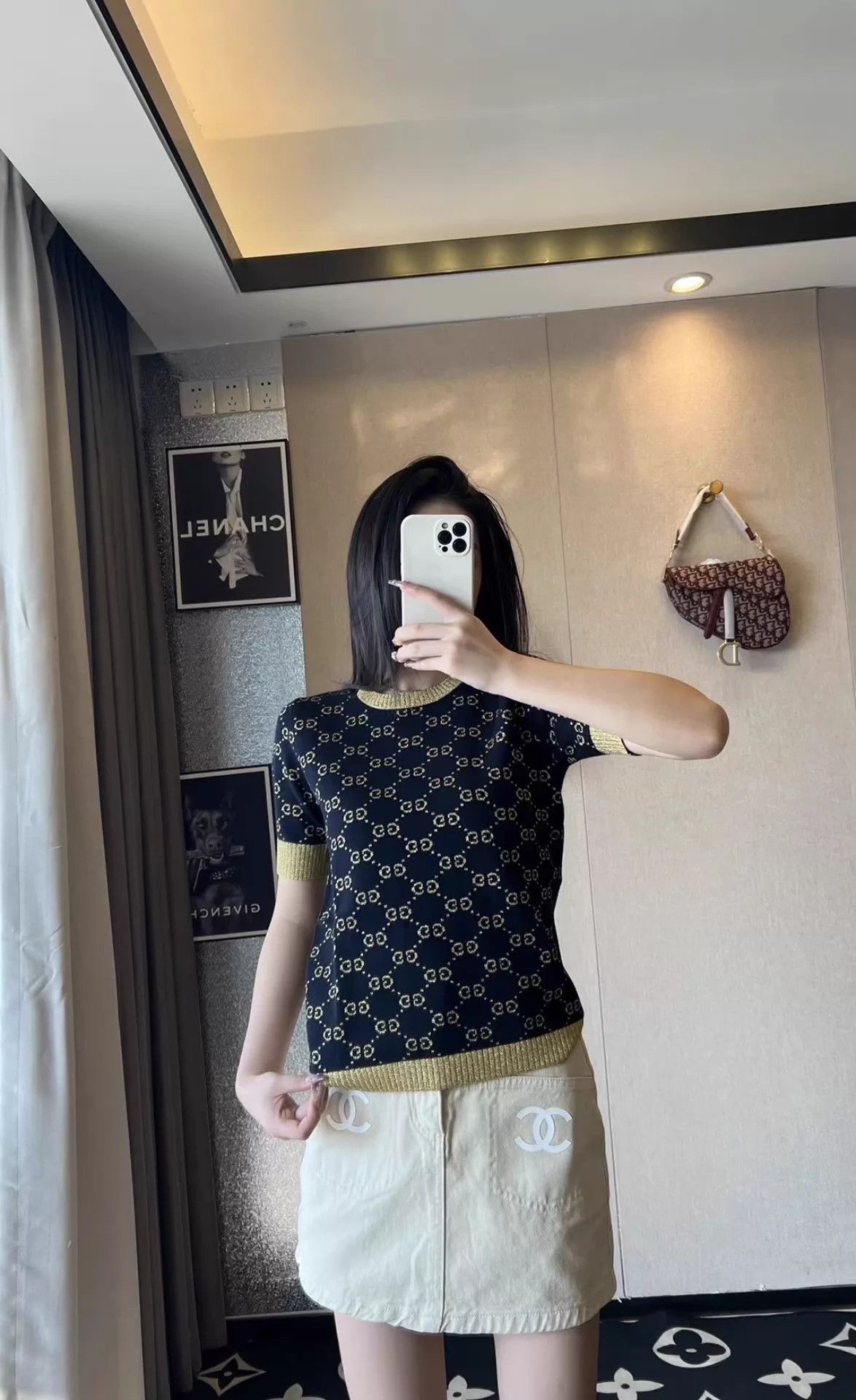 Gucci Gucci Navy Blue Gold Logo Short Sleeve Knit Top L Size L / US 10 / IT 46 - 6 Thumbnail