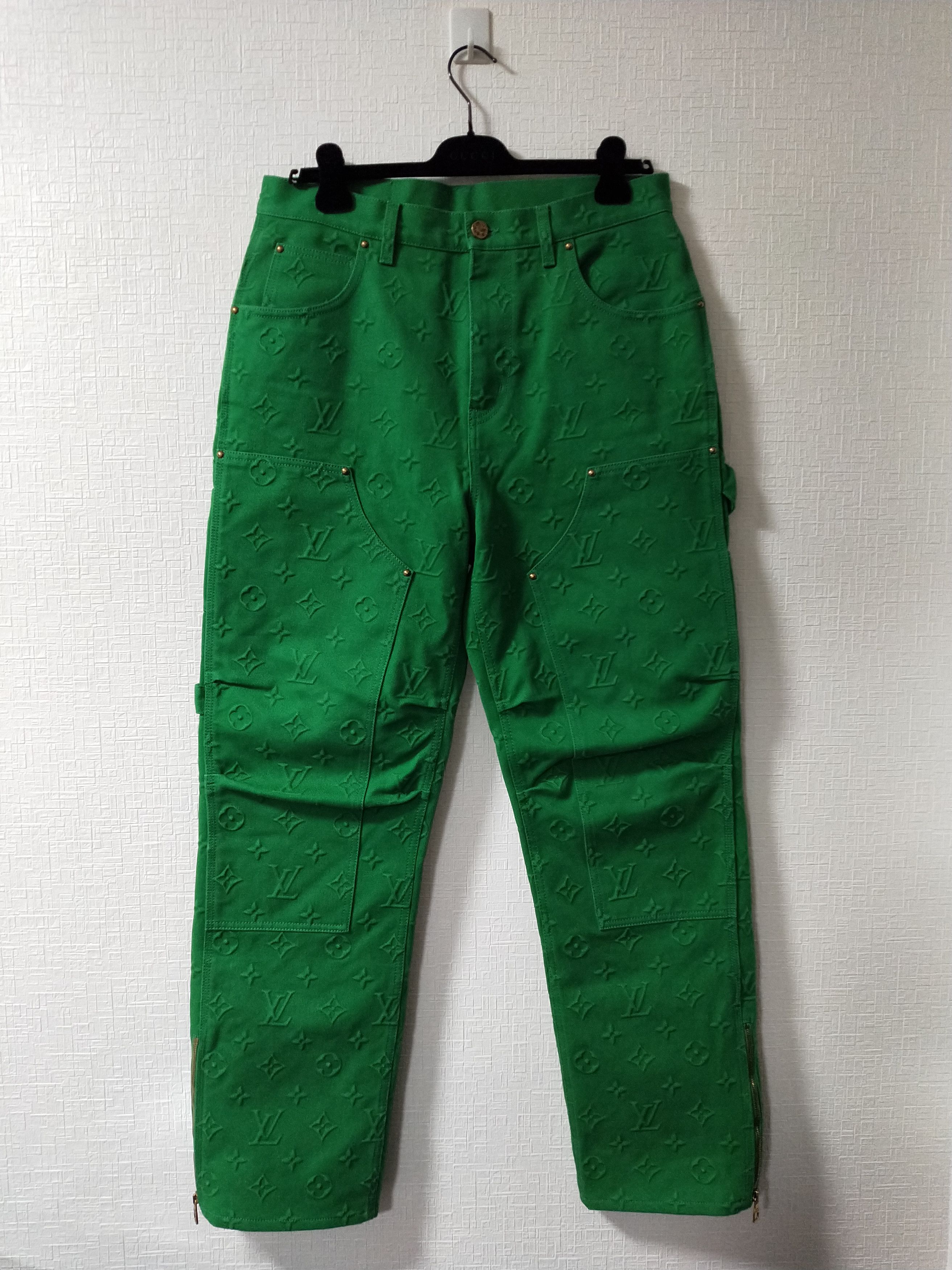 image of Louis Vuitton Monogram Detail Carpenter Denim Pants in Green, Men's (Size 33)