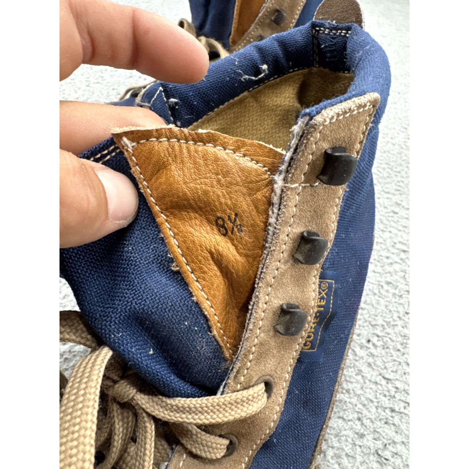 Vibram VINTAGE Gore-Tex Vibram Boots Mens 8.5 Blue Tan Canvas Leather Suede Rubber Outdoor Combat Hiking Leather Insole Leather Sole Lace Up Mens Boots Size US 9 / EU 42 - 3 Thumbnail