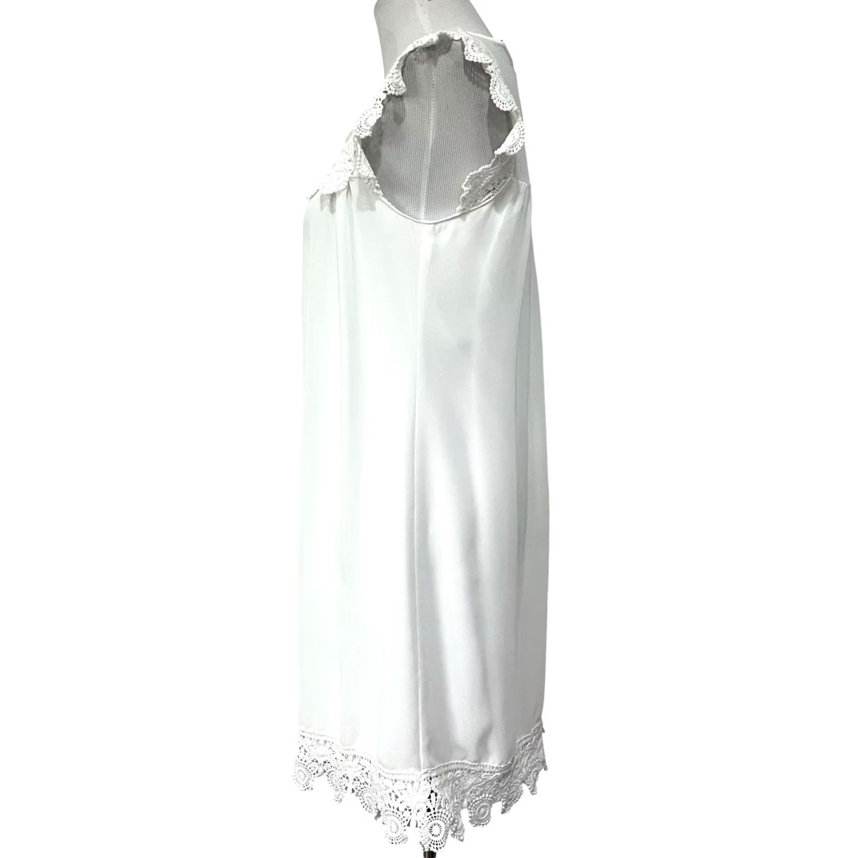 Vintage City Triangles Women's White Mini Shift Dress Chiffon Lace Trim Size M Mid 35" Length White Womens Shift Dress Size M / US 6-8 / IT 42-44 - 6 Thumbnail