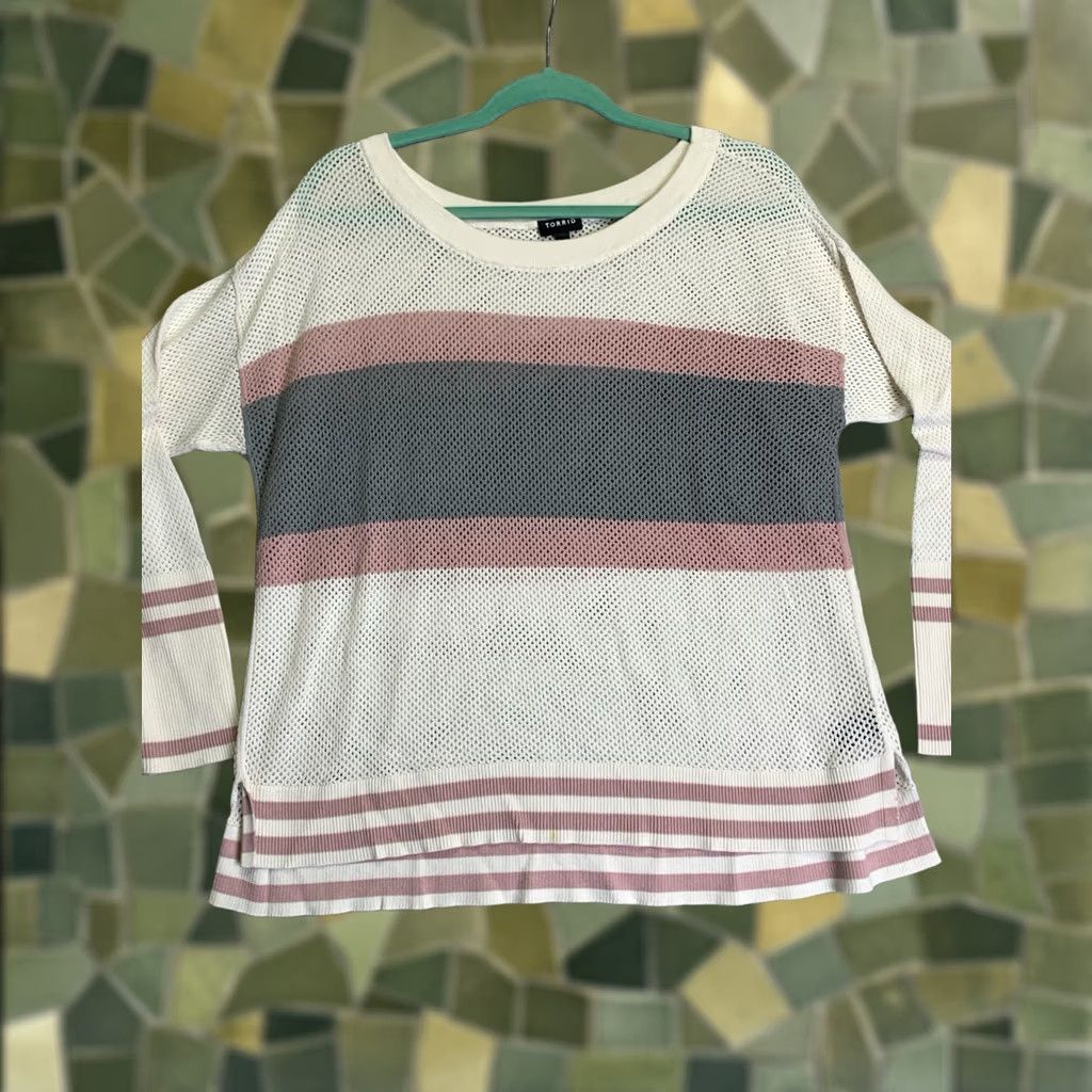 Torrid Torrid Sweater Womens 1X Long Sleeve White Pink Gray Striped Cotton Blend Knit Pullover Boat Neck Casual Plus Size Size XL / US 12-14 / IT 48-50 - 1 Thumbnail