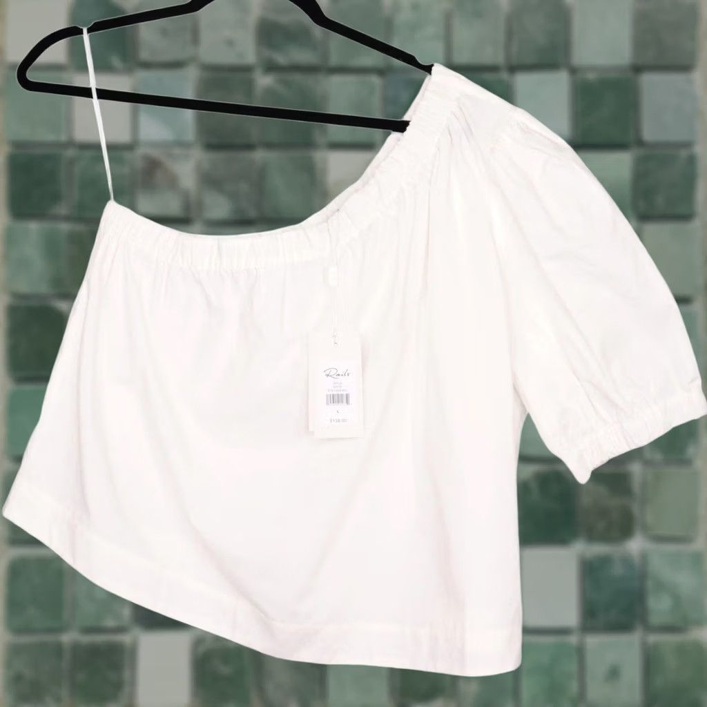 Rails Rails One Shoulder Puff Sleeve Top L White Cotton Poplin NWT Jayla Blouse Summer Womens Size L / US 10 / IT 46 - 1 Thumbnail