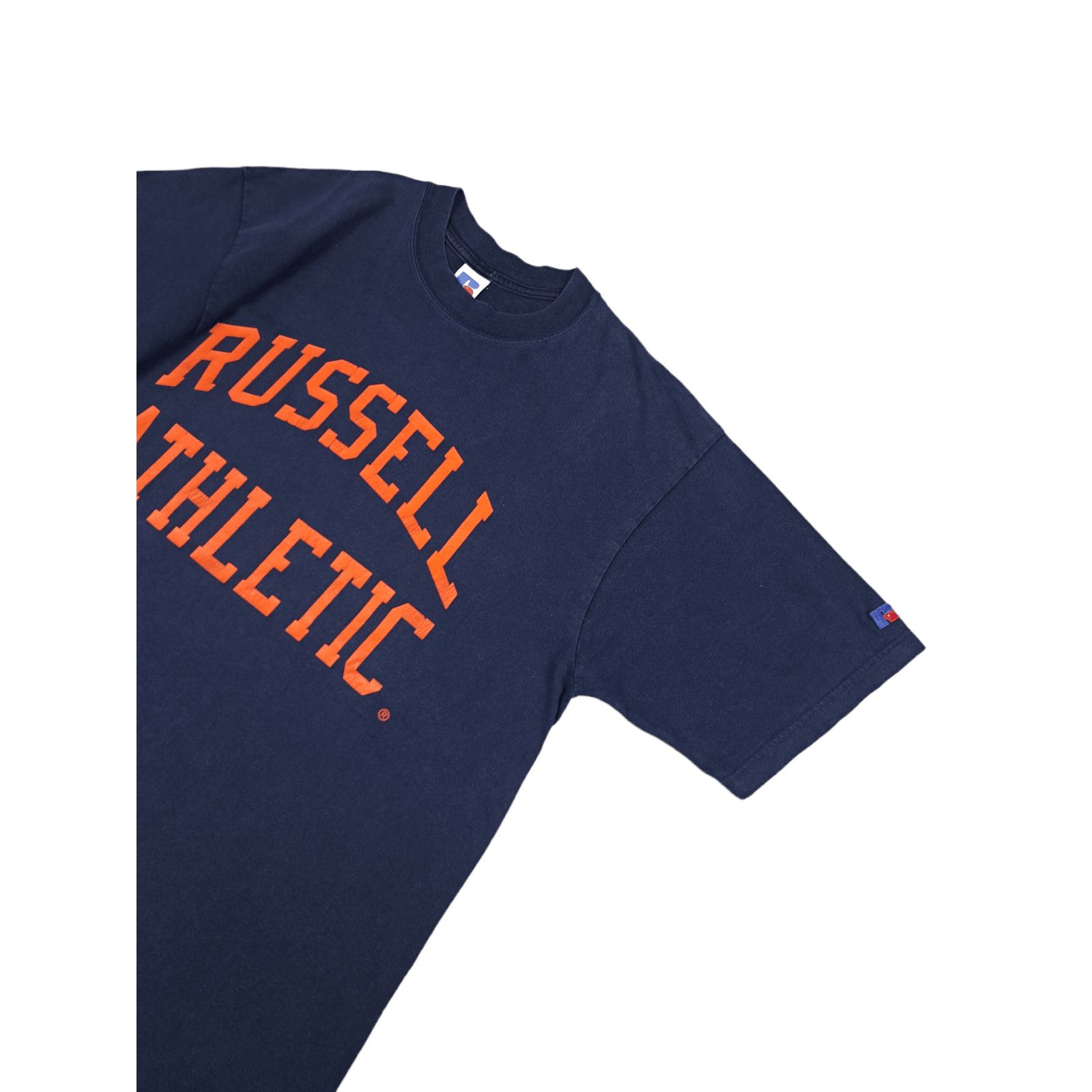 Russell Athletic × Vintage 💎 Vintage Russell Athletic Spell out Big Logo Navy T-shirt Size US L / EU 52-54 / 3 - 4 Thumbnail