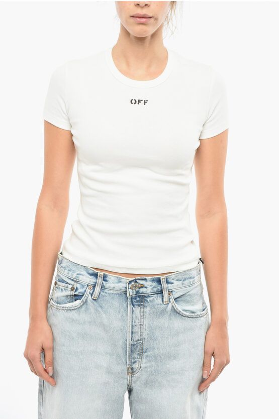 image of Off White Logo Print Crewneck Short Sleeved T-Shirt in White, Women's (Size Small)