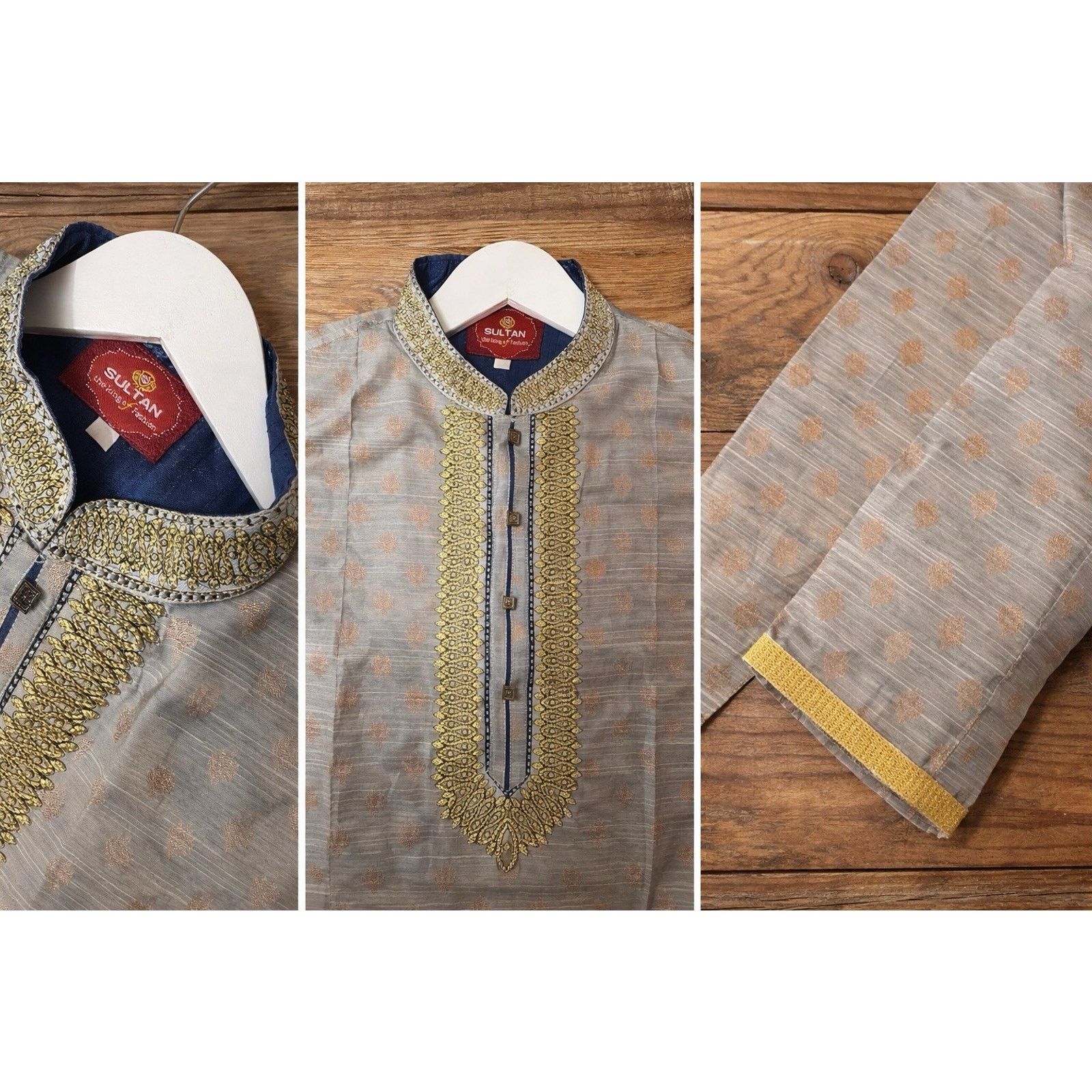 & Other Stories Sultan Men's Gray Kurta Gold Embroidery 21" Chest 42" Length Size US XS / EU 42 / 0 - 3 Thumbnail