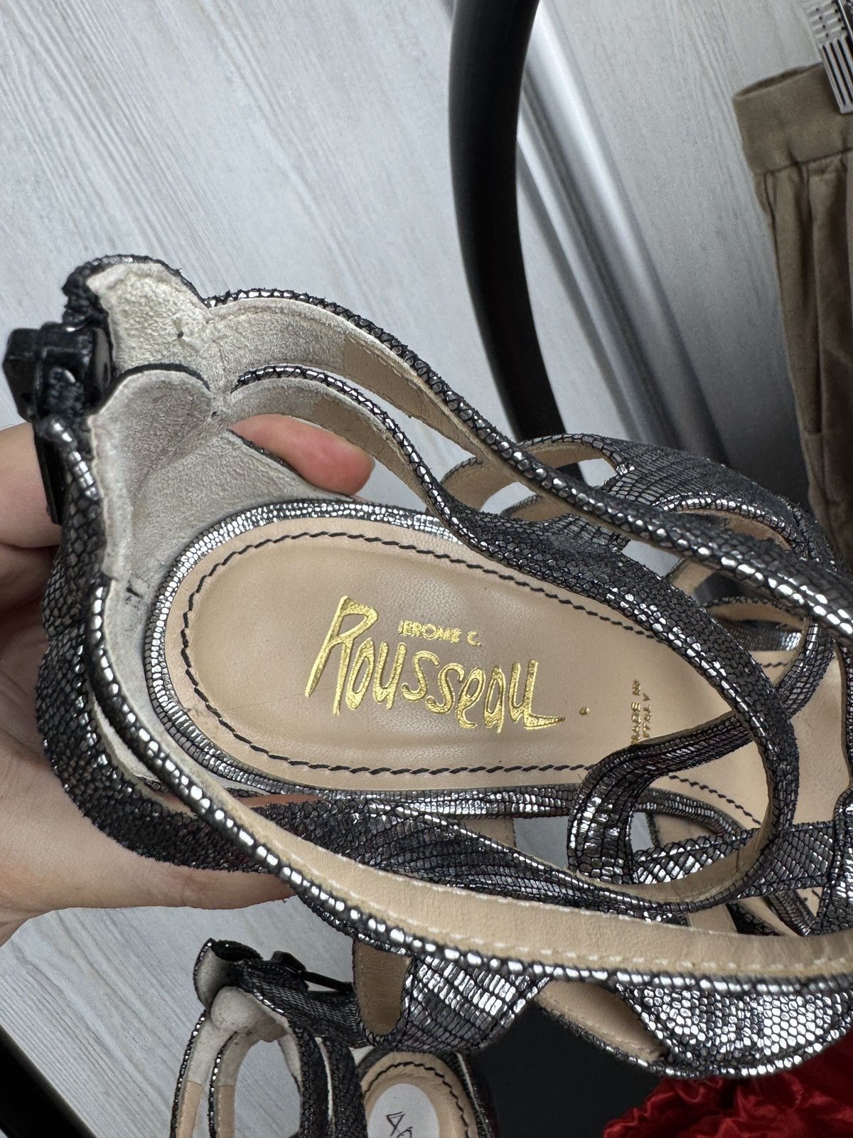 Designer Jerome C. Rousseau silver leather gladiator sandals heels Size US 10 / IT 40 - 13 Thumbnail