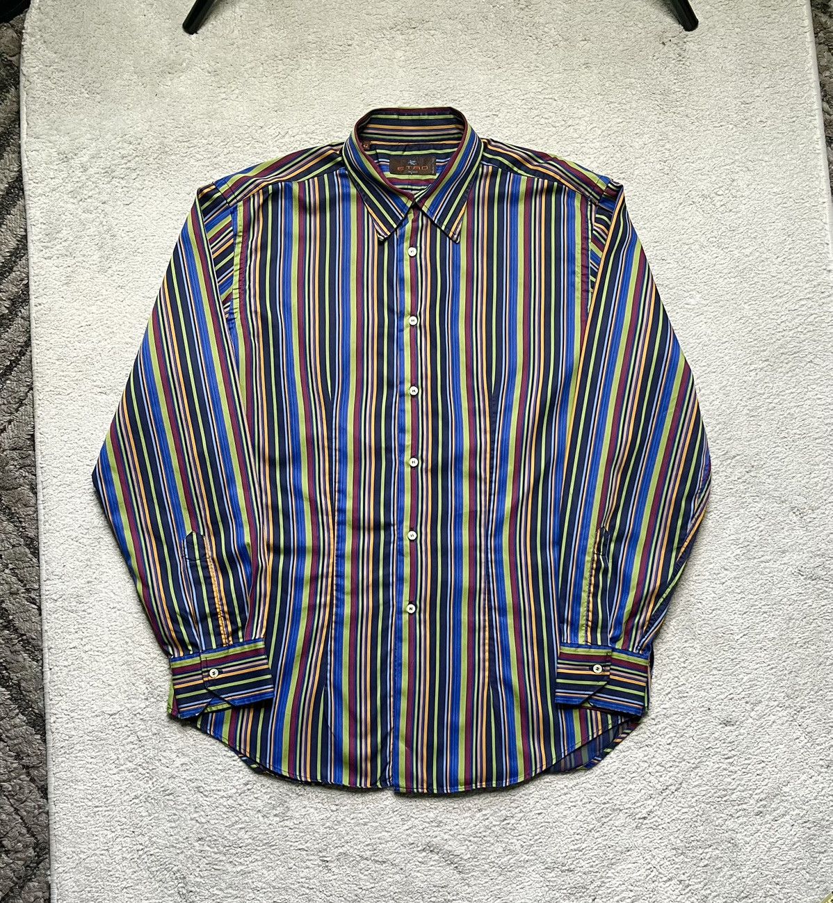 Etro Vintage Green Blue Striped Etro Button Up shirt Designer Size US XL / EU 56 / 4 - 1 Thumbnail