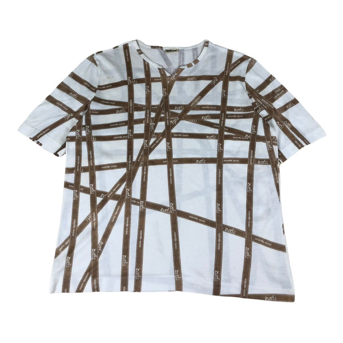 image of 1990S Hermes By Martin Margiela Ribbon Cut & Sewn Tshirt in White/Brown, Men's (Size Small)