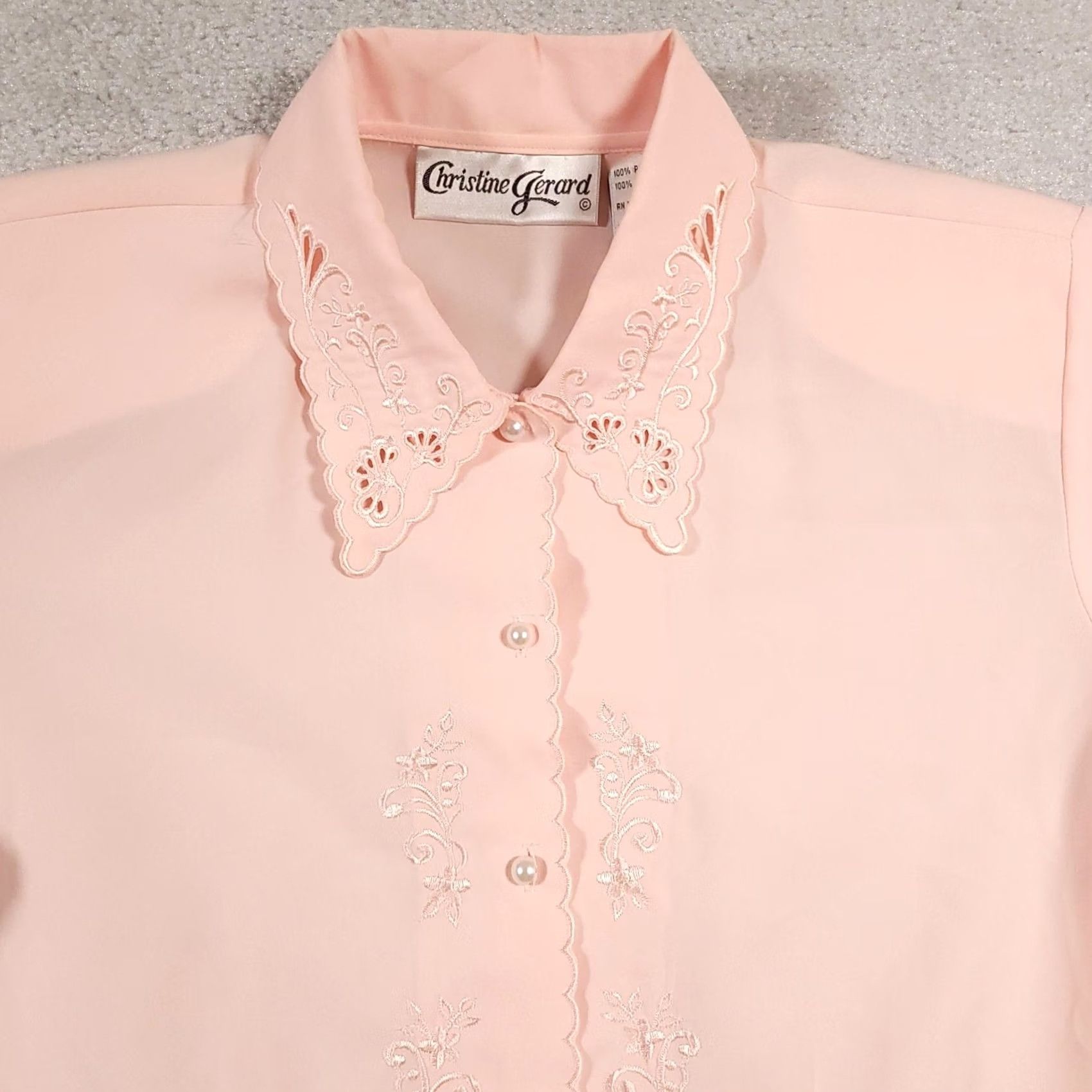 Vintage Christine Gerard Blouse Womens 10 Pink Embroidered Pearl Button Long Sleeve Top Size L / US 10 / IT 46 - 3 Thumbnail