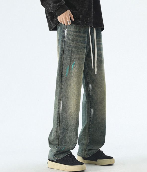 Japanese Brand Men's loose straight ink-splashed versatile casual jeans Size US 32 / EU 48 - 3 Thumbnail