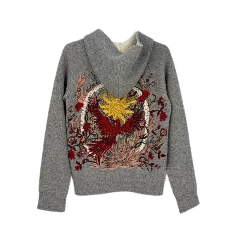 Dior Dior Grey Embroidered Phoenix Flower Cashmere Hooded Cardi Size XS / US 0-2 / IT 36-38 - 2 Thumbnail