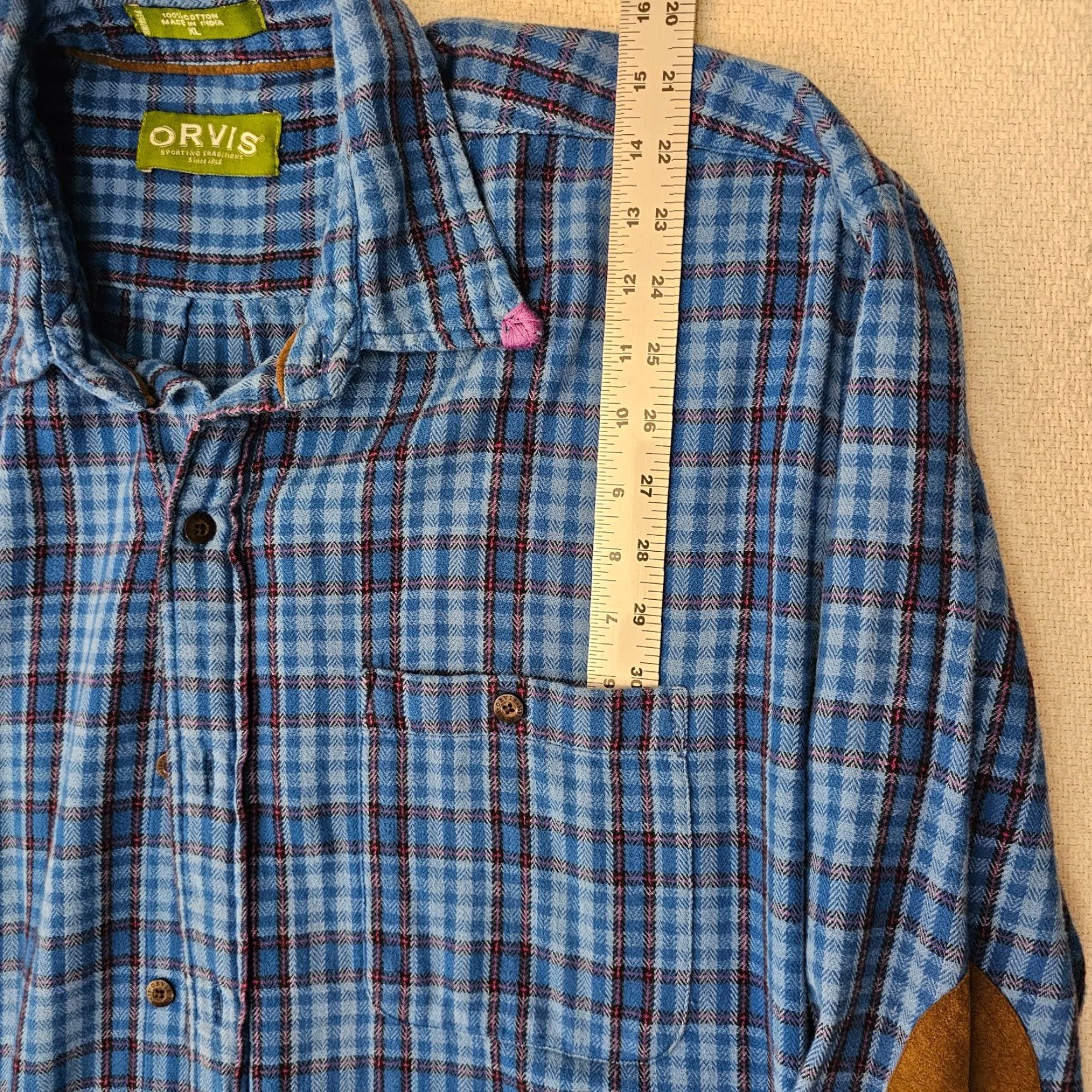 Orvis Orvis Flannel Shirt Mens XL Plaid Blue Button Up Pocket Heavyweight Suede Elbows Size US XL / EU 56 / 4 - 3 Thumbnail