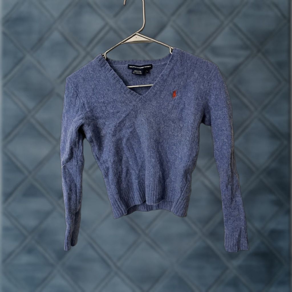 Polo Ralph Lauren Ralph Lauren Sport Sweater Womens Large Blue Cable-Knit V-Neck 100% Merino Wool Pullover Adult Regular Shirt/Top Size L / US 10 / IT 46 - 1 Thumbnail