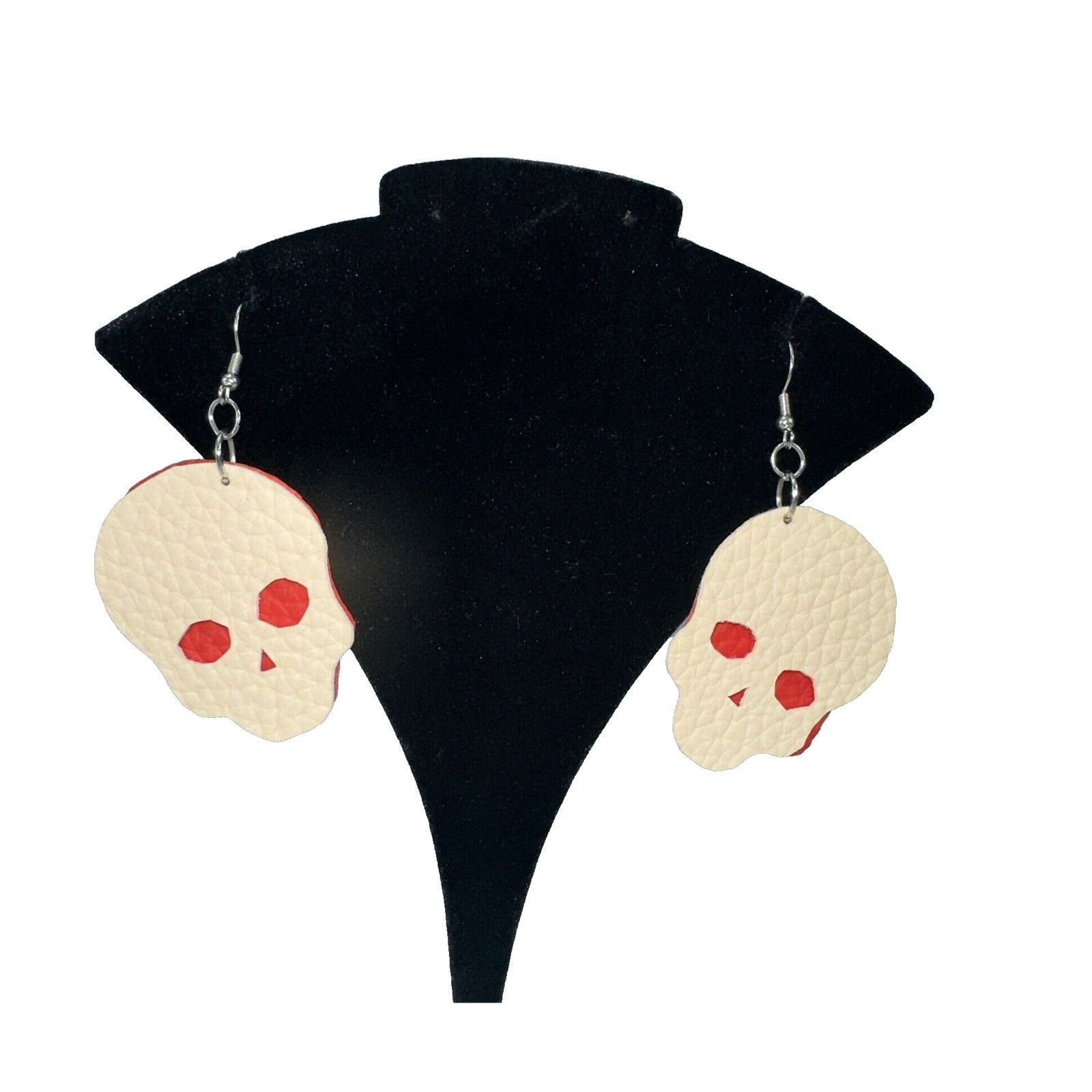 Handmade Hand-Made Halloween Skull Red White Pleather Hook Earrings Size ONE SIZE - 1 Thumbnail