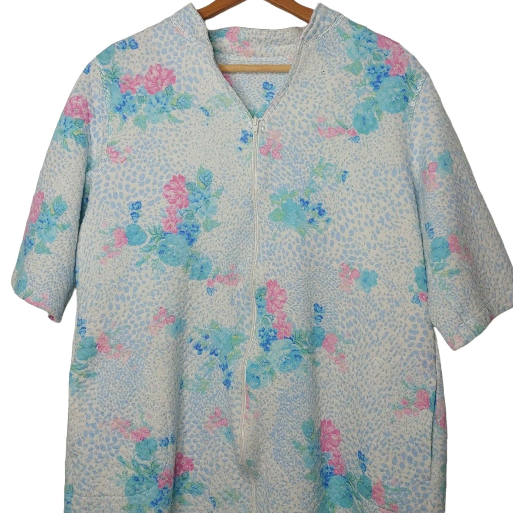 Vintage VINTAGE House Coat Full Zip L/XL Knit Quilted White Blue Floral Grannycore Women Size L / US 10 / IT 46 - 3 Thumbnail