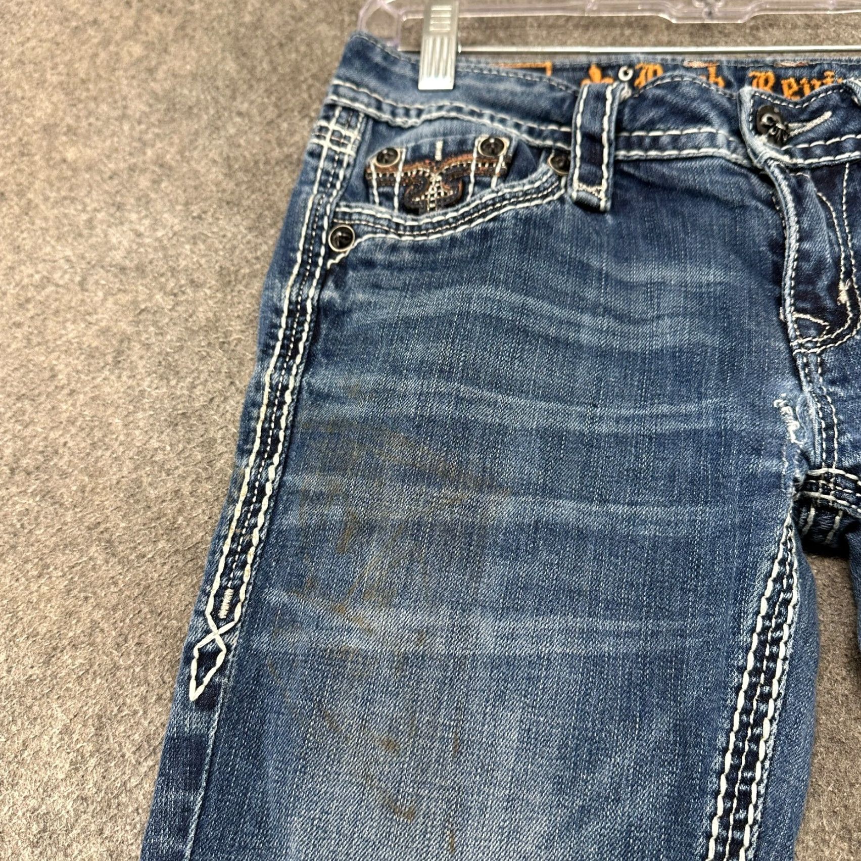 Vintage Rock Revival Jeans Womens 28 Blue Skinny Dark Wash Distressed Button Denim Cotton 29 Inseam Regular Inseam Womens Distressed Skinny Jeans Size 30" / US 8 / IT 44 - 3 Thumbnail
