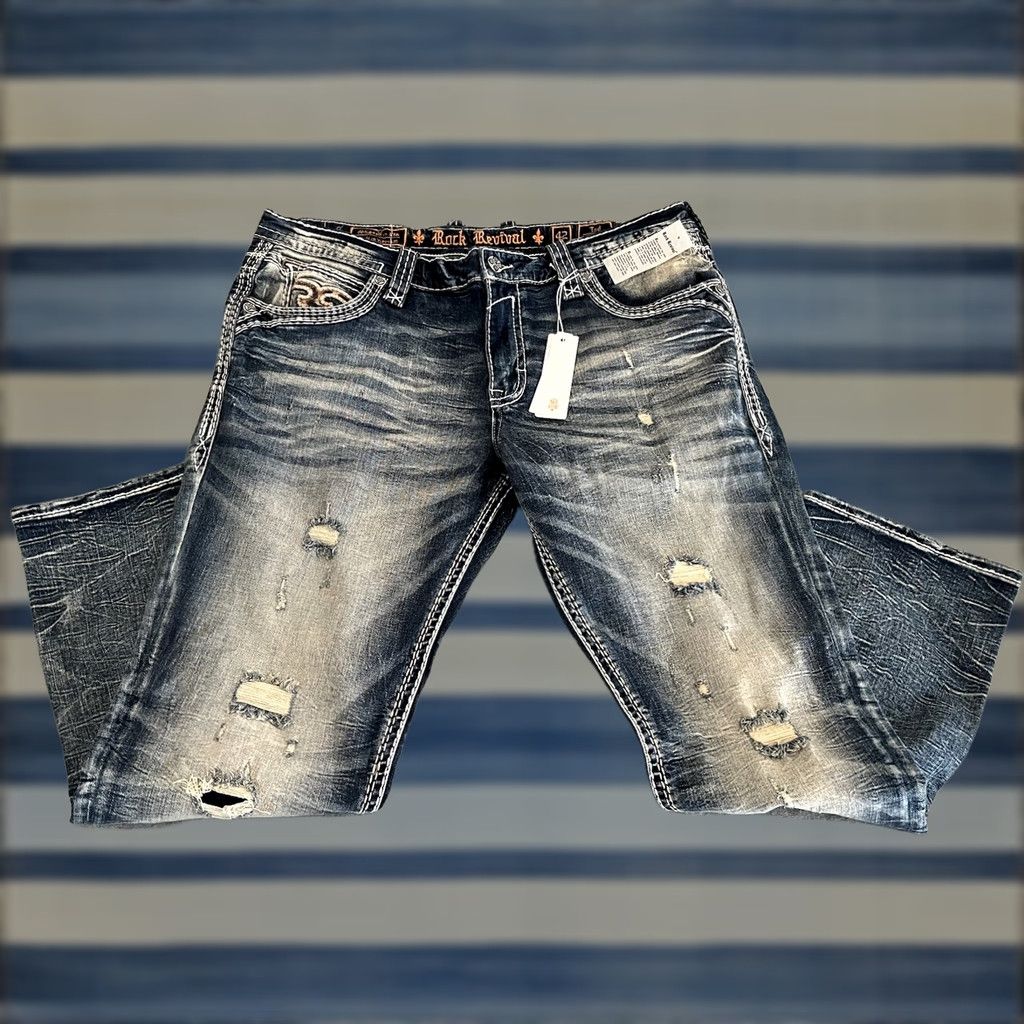 Vintage Rock Revival Jeans Mens 42x31 Distressed Straight Denim Blue NWT Size US 42 / EU 58 - 1 Thumbnail
