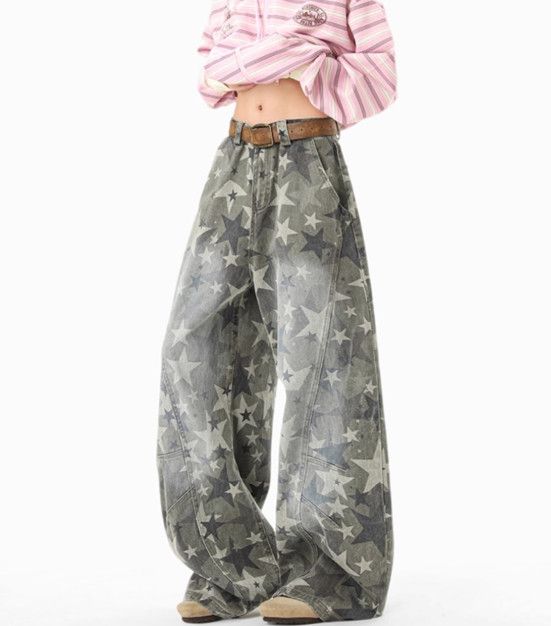 Japanese Brand Men's Retro Star Casual Loose-fitting Cargo Jeans Y2K Size US 32 / EU 48 - 4 Thumbnail