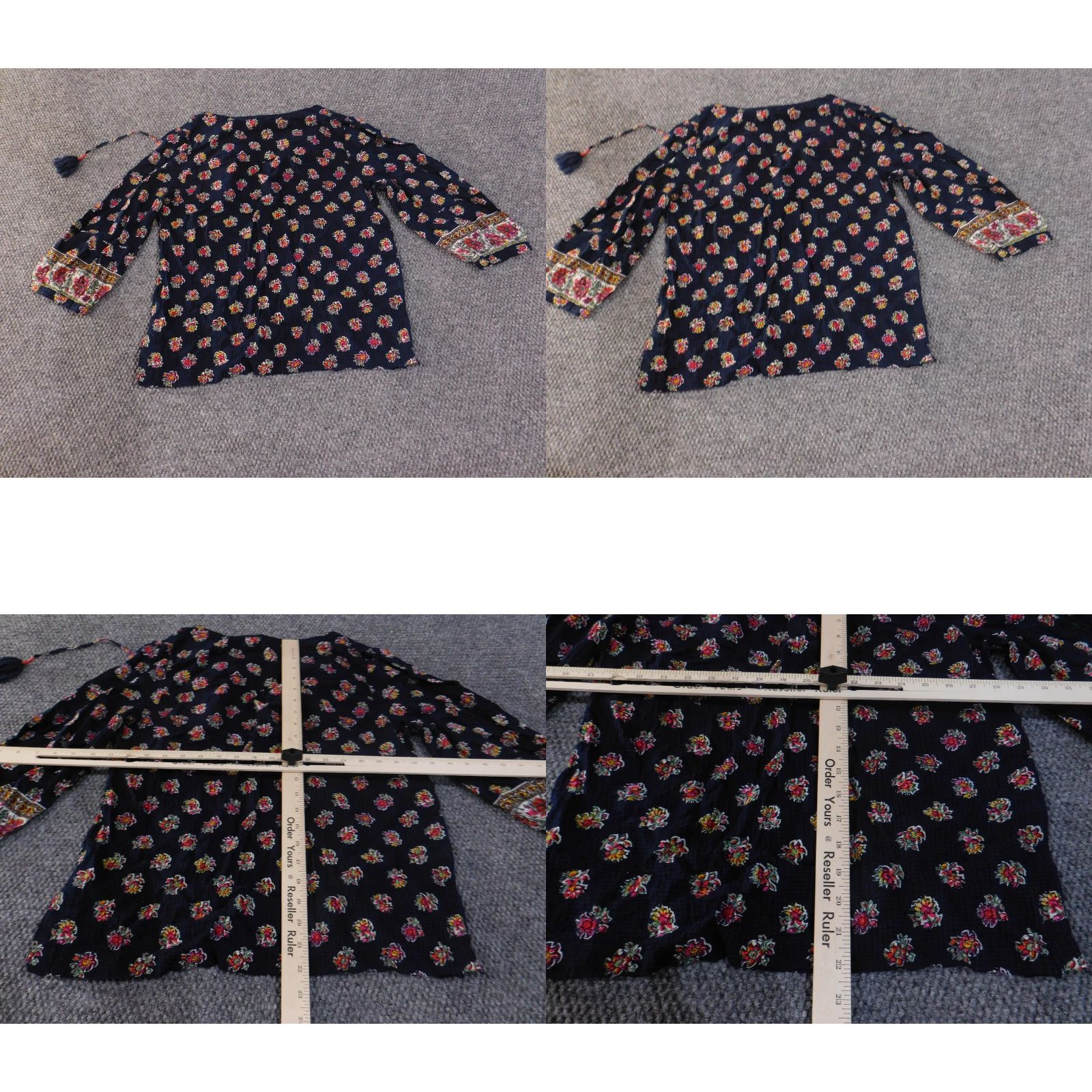 Loft LOFT Blouse - Navy Floral Embroidered 3/4 Sleeve Tunic Womens Medium V-Neck viscose Cotton Size M / US 6-8 / IT 42-44 - 9 Thumbnail