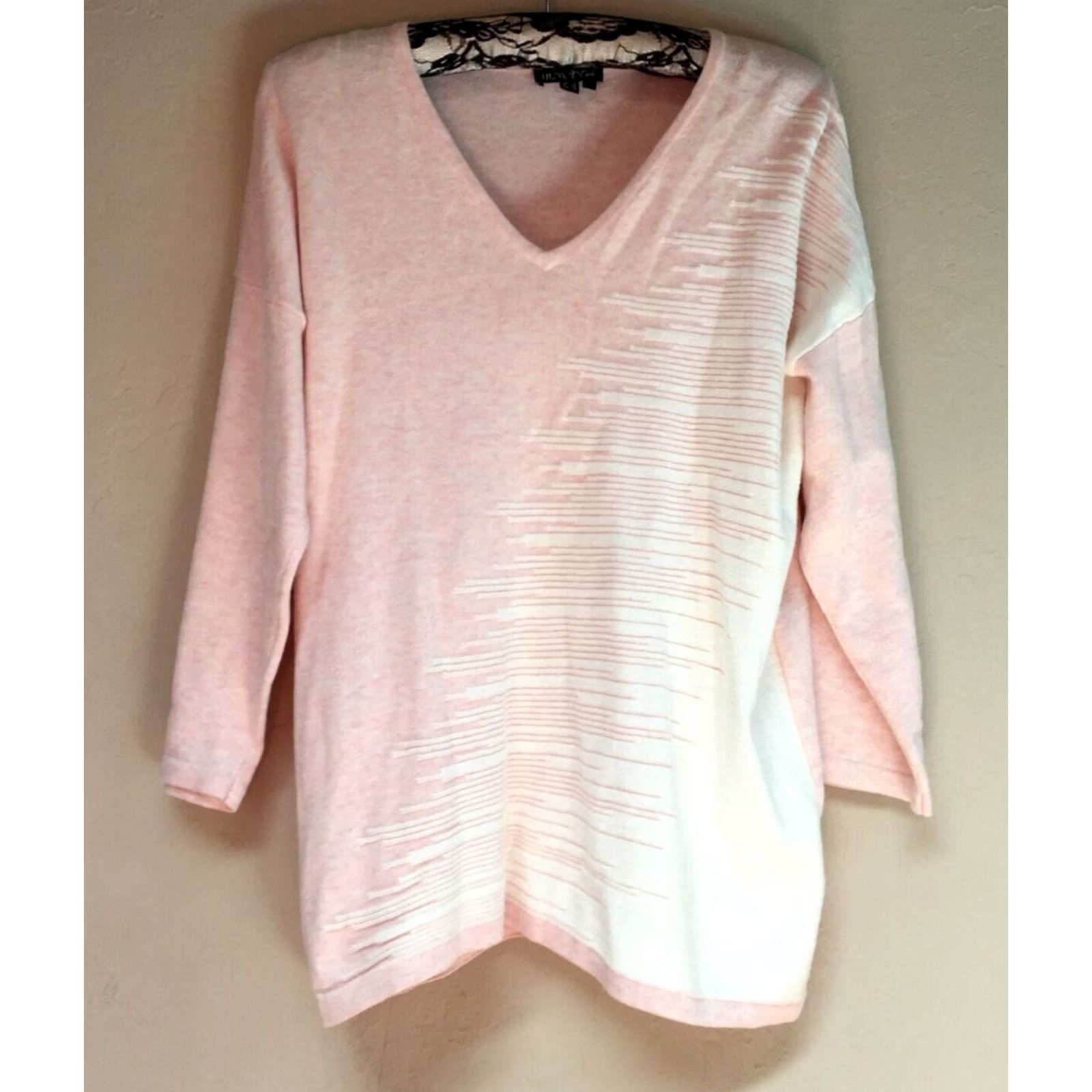 Pinko Marble Women's Medium Cotton V-Neck Pullover 3/4 Sleeve Pink Ivory Knit Sweater Size M / US 6-8 / IT 42-44 - 2 Thumbnail