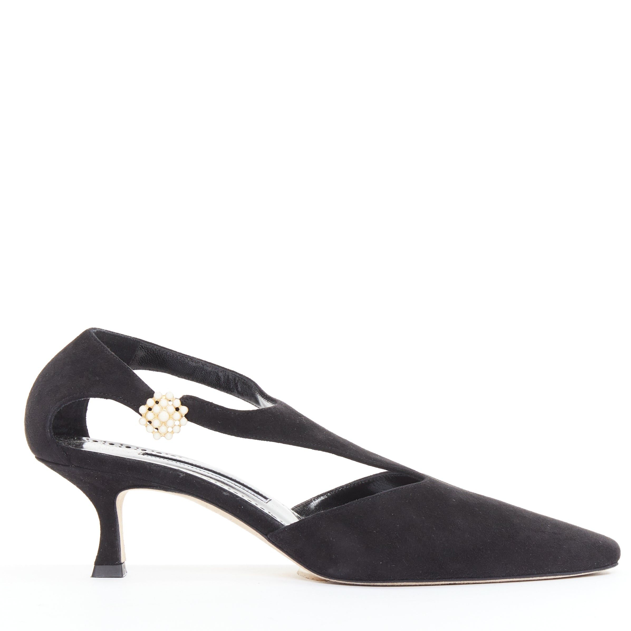 Manolo Blahnik MANOLO BLAHNIK Shufta 50 black suede pearl button kitten heels EU37 Size US 7 / IT 37 - 1 Thumbnail